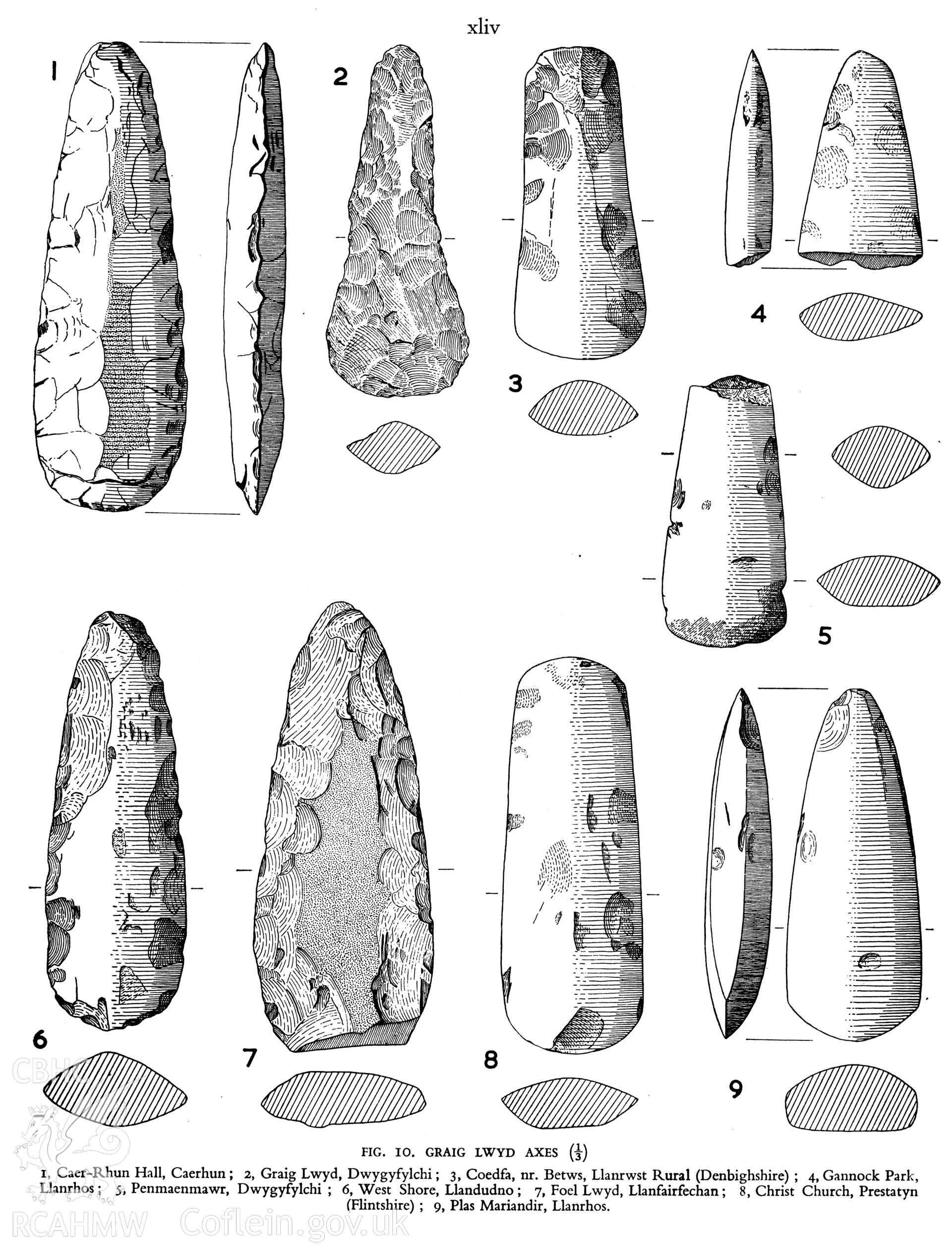 Digitized image of a drawing of Graig Lwyd axes as published in RCAHMW Caernarvonshire Inventory Volume I : East, Figure 10, 1956.
