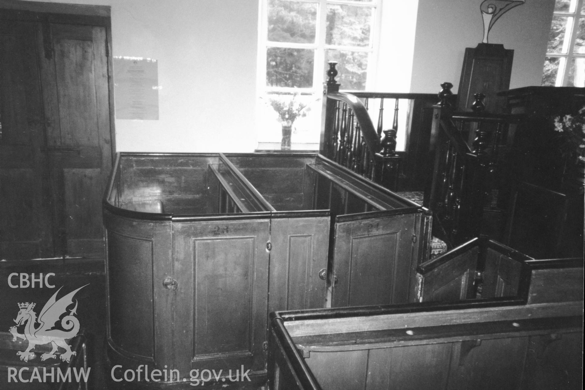 Digital copy of a black and white photograph showing an interior view of Soar y Mynydd Welsh Calvinistic Methodist Chapel,  taken by Robert Scourfield, 1996.