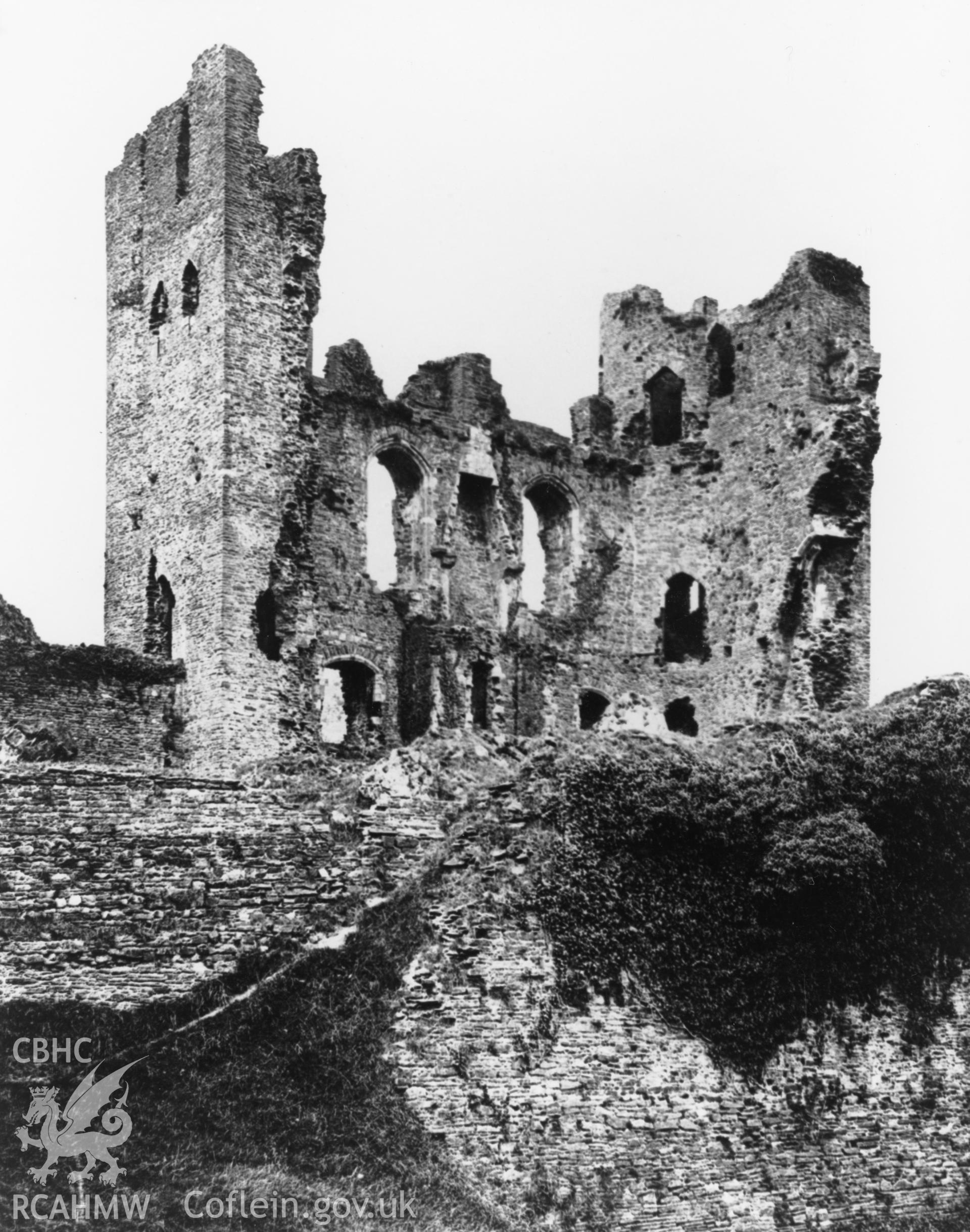 Caerphilly Castle; black and white photograph of unknown date, showing the eastern gatehouse, produced by RCAHMW