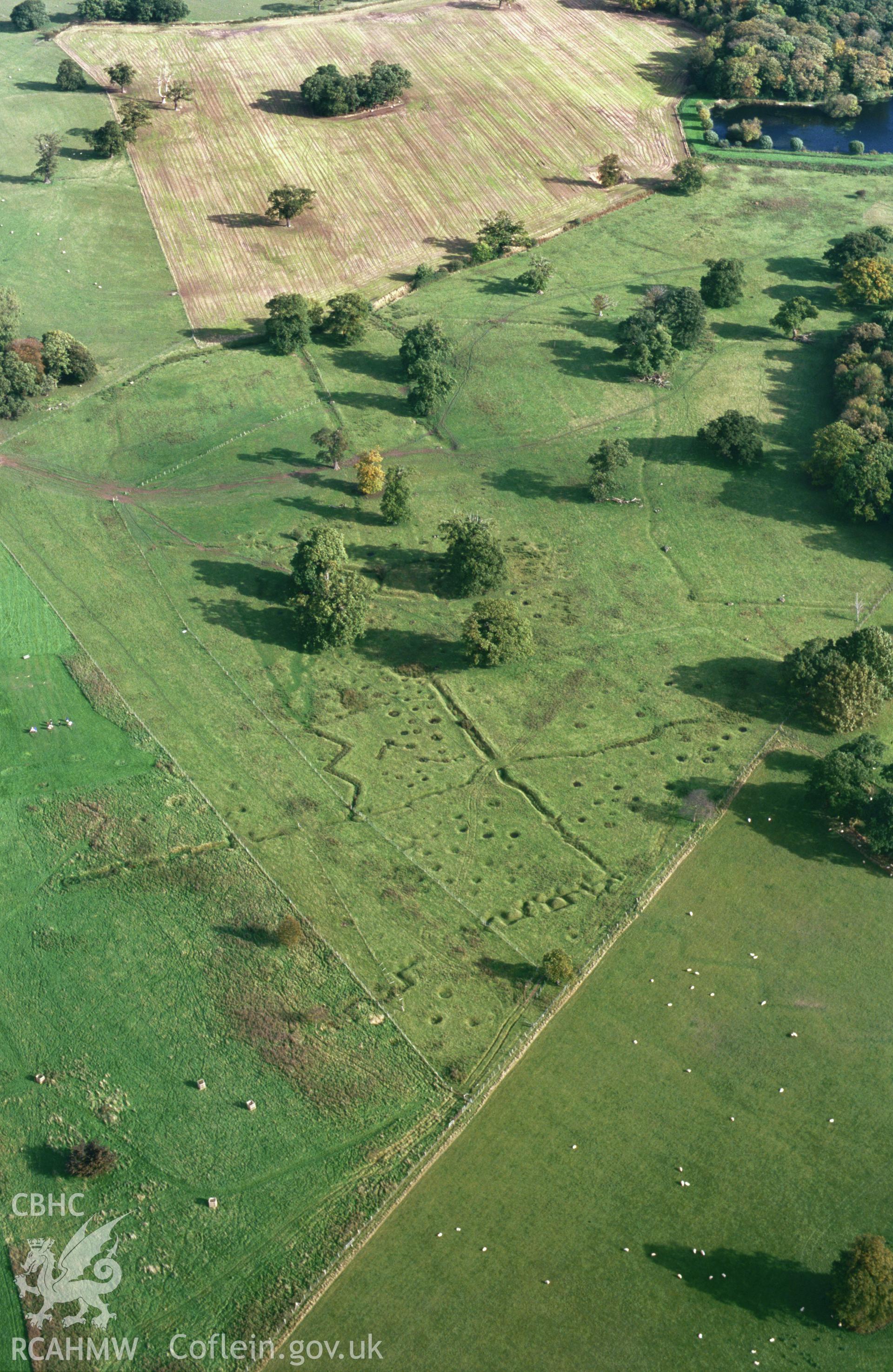 RCAHMW colour slide oblique aerial photograph of Bodelwyddan Park Army Practice Trenches, Bodelwyddan, taken by T.G.Driver on the 17/10/2000