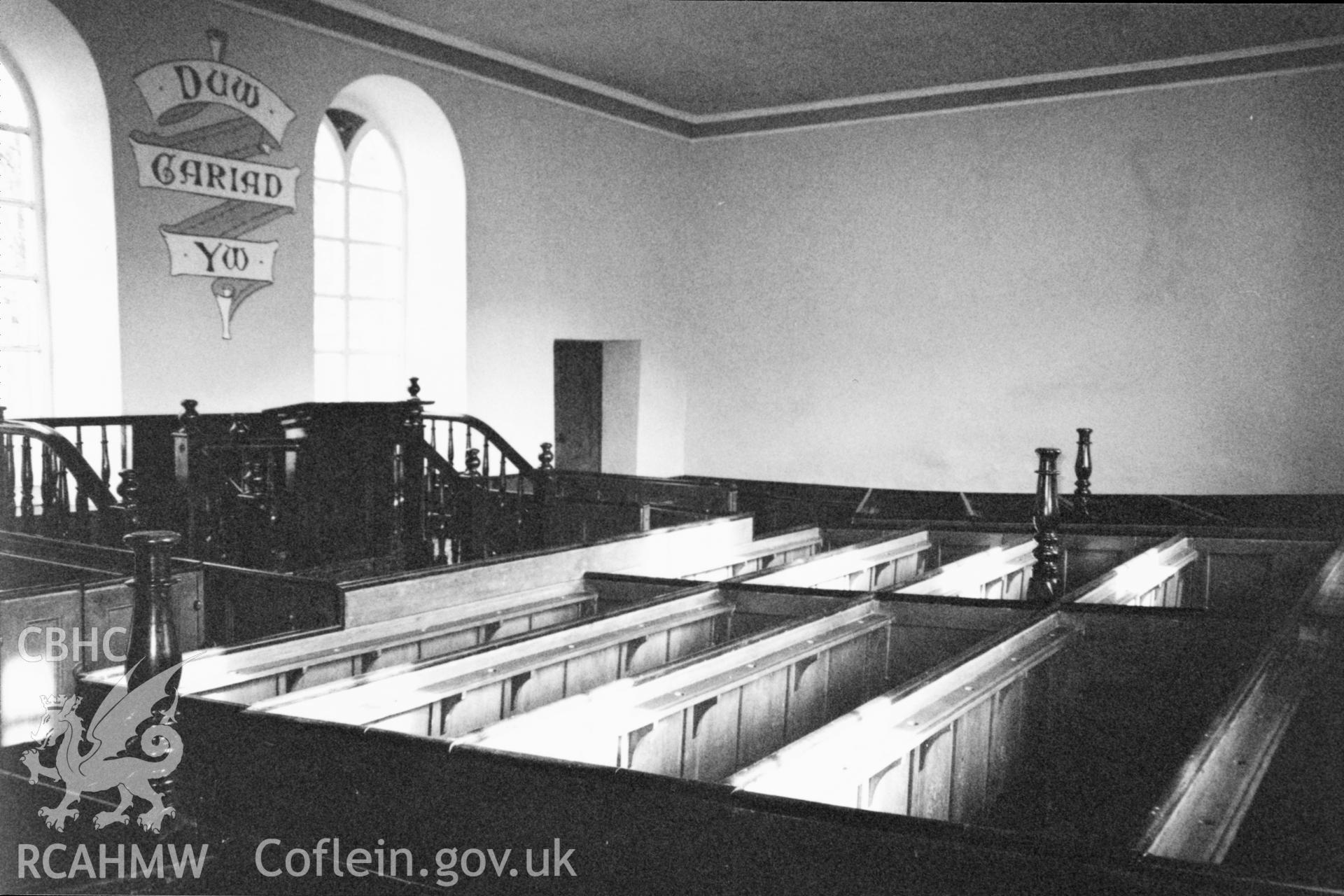 Digital copy of a black and white photograph showing an interior view of Soar-y-Mynydd  Welsh Calvinistic Methodist Chapel, Llanddewi Brefi, taken by Robert Scourfield, 1996.