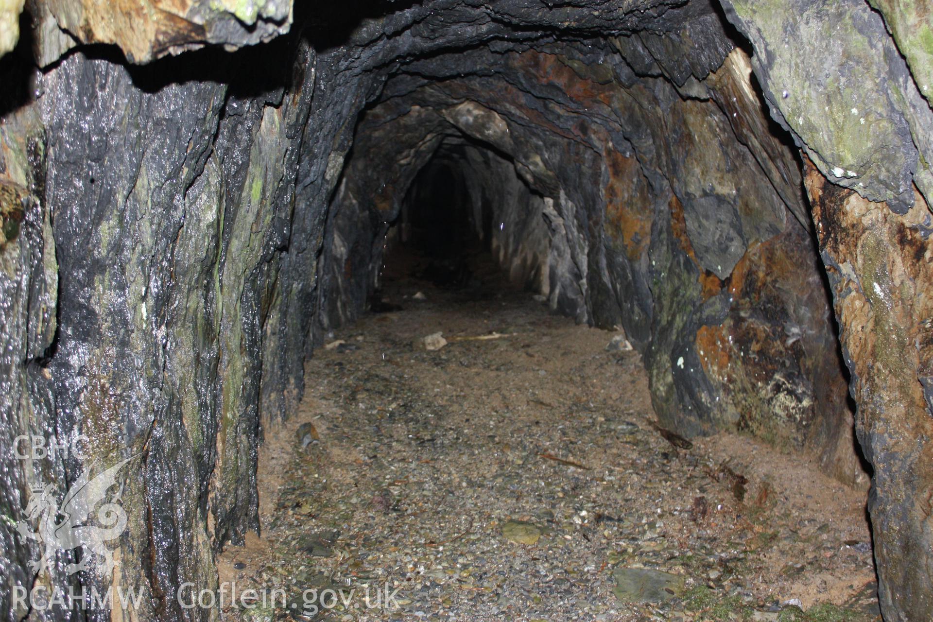 Ystrad Einion metal mine.  Rock cut adit tunnel.