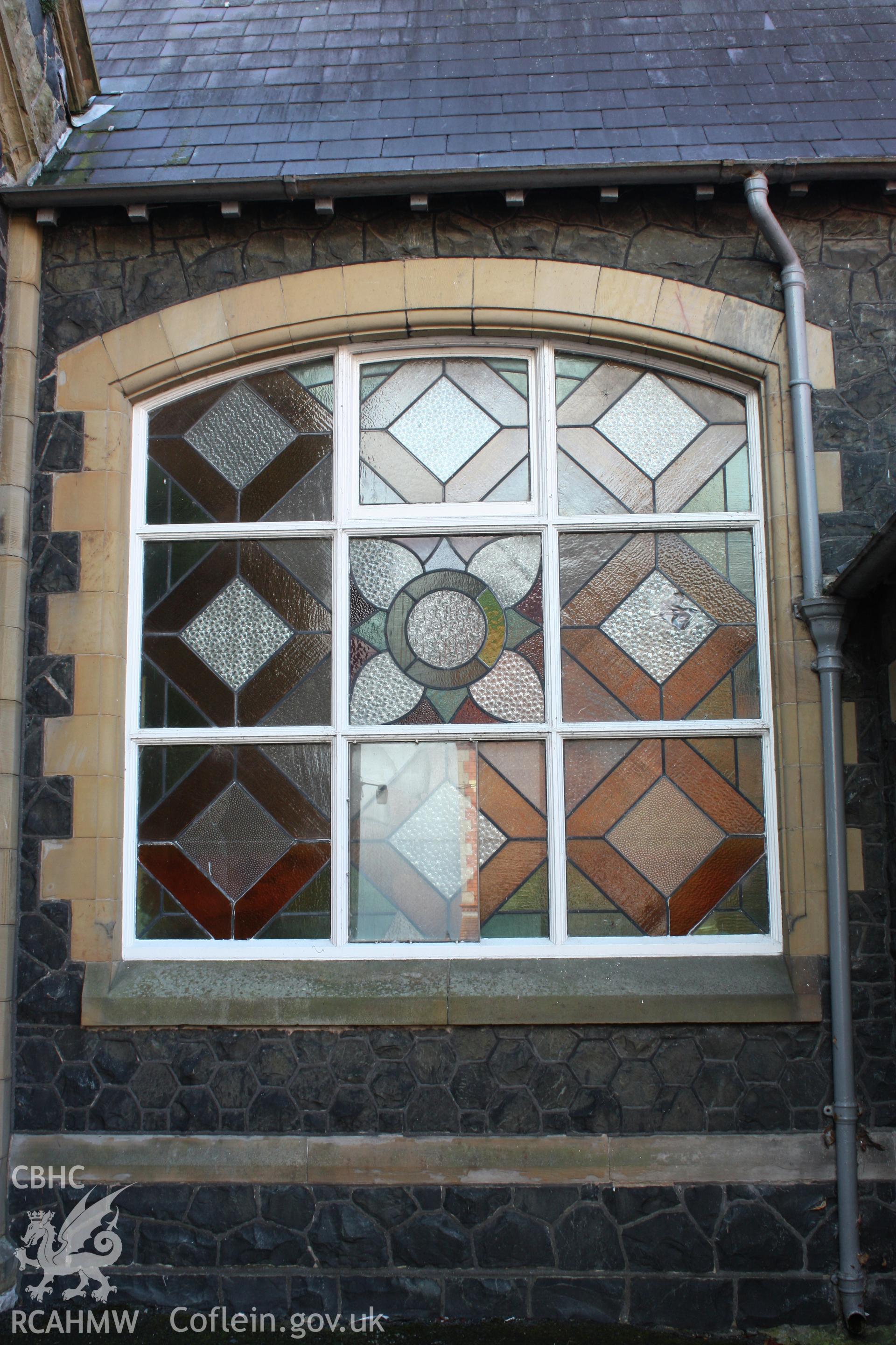 Exterior, stained glass window of the hall