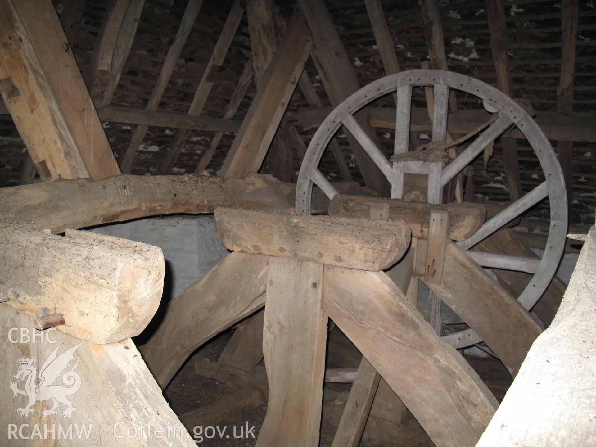 Detail of the bell tower framing and bell wheel, St Mary's Church, Pilleth.