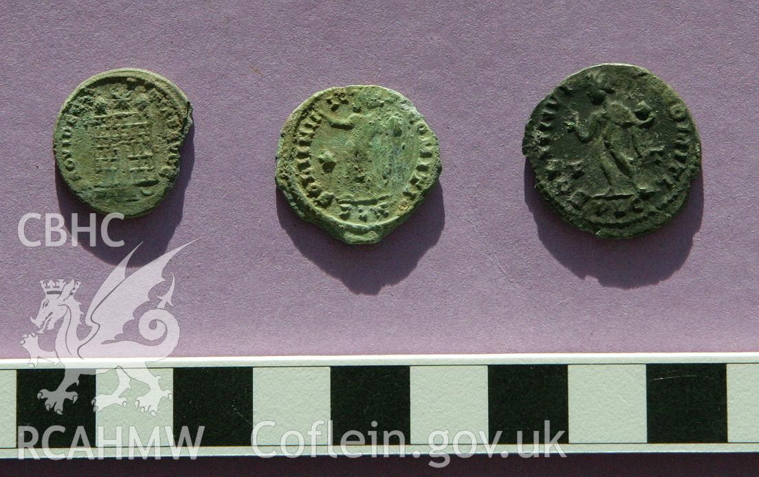 Late Roman coins found at the villa in 2010, from left to right SF009, SF005 and SF002 (see site report for details of each find).
