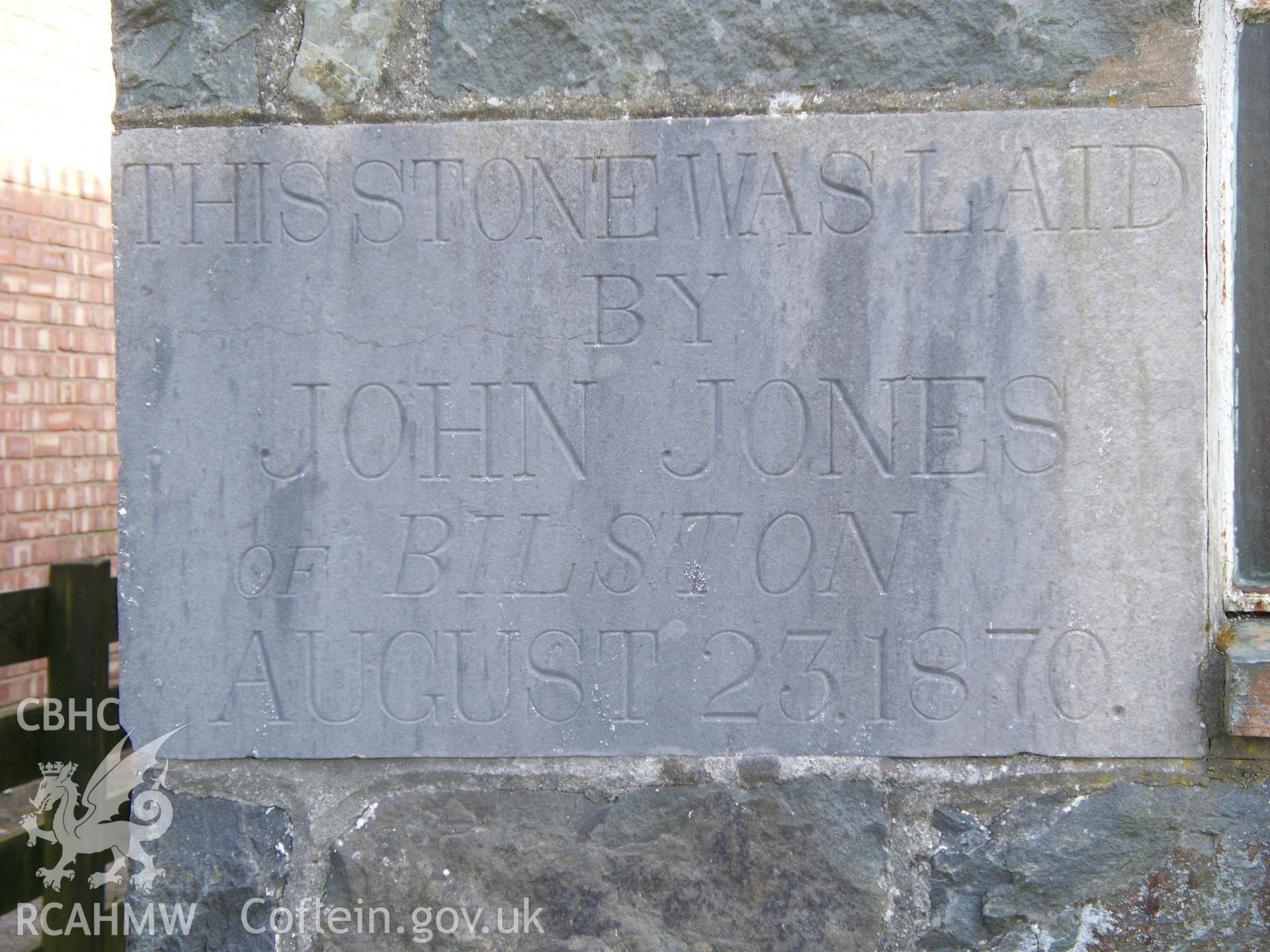 Foundation stone, John Jones of Bilston, August 23 1870.