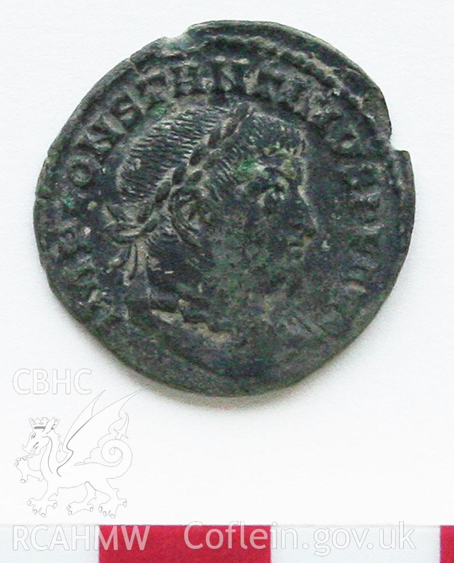 Abermagwr Roman villa excavations, July 2010. A late Roman coin Constantine I, minted in Lyons, AD 314-15, small find 002.