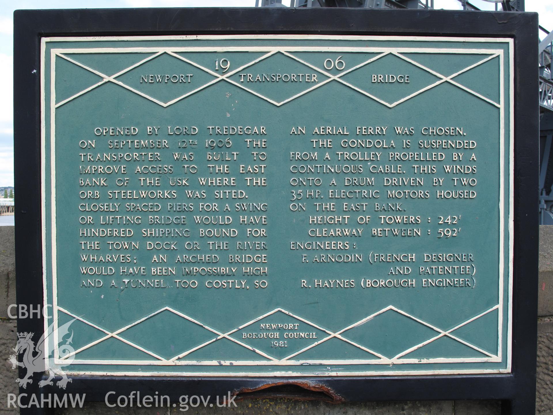 Commemorative plaque (1981), Newport Transporter Bridge.
