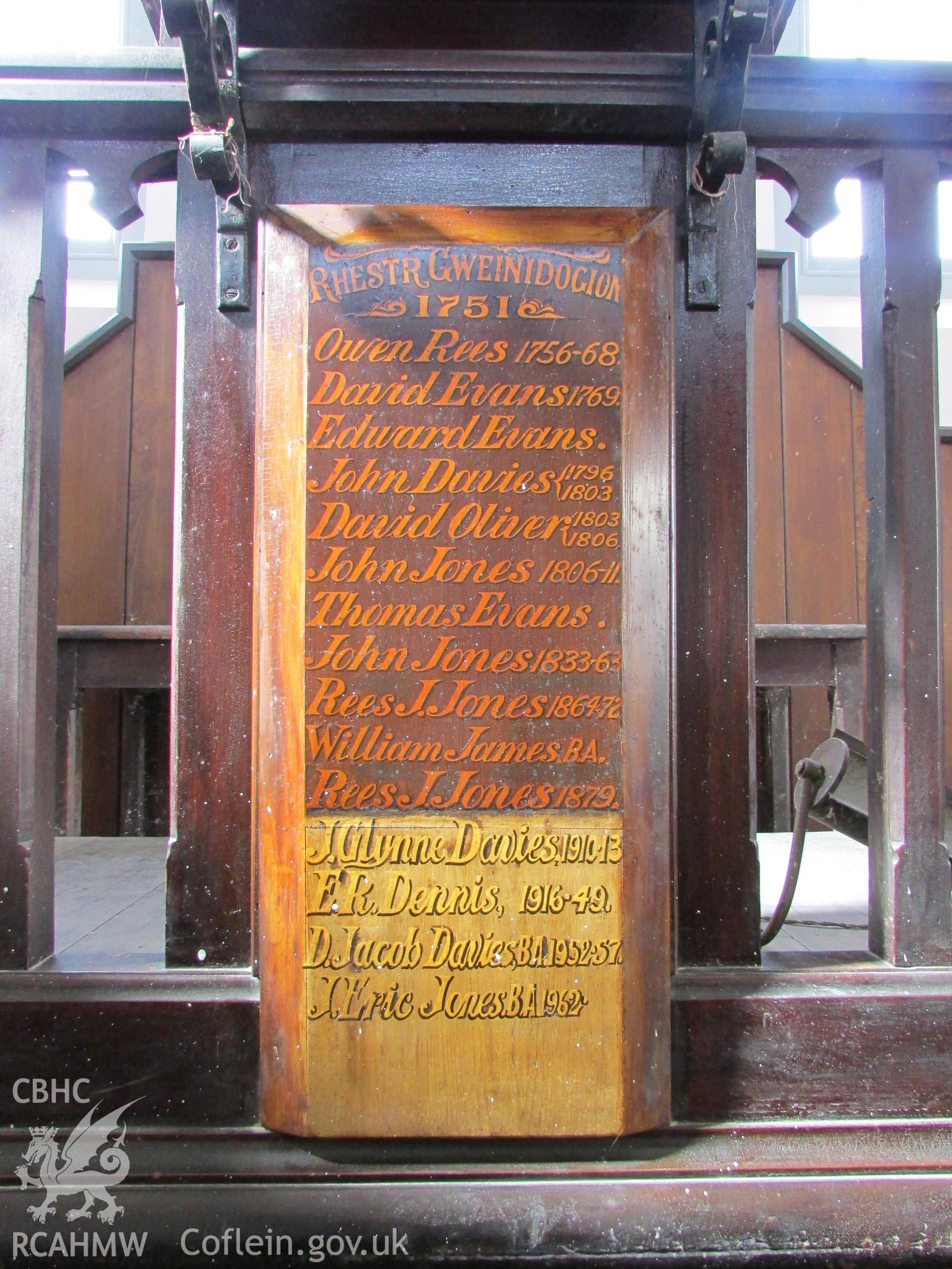 Register of ministers below pulpit of Hen Dy Cwrdd Chapel.