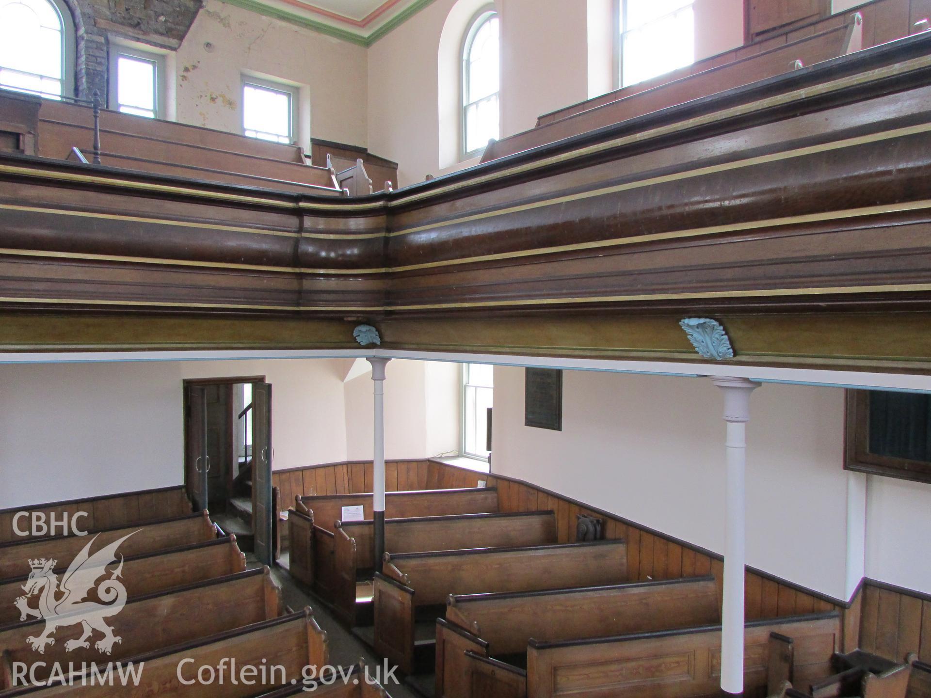 Interior view from pulpit of Hen Dy Cwrdd Chapel, looking south-west towards pews and gallery.
