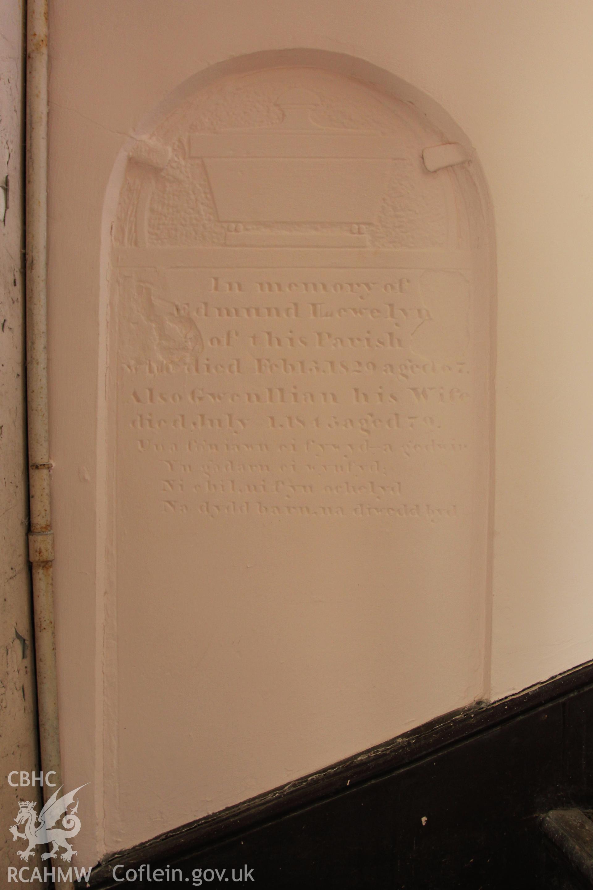 Detail of memorial to Edmund and Gwenllian Llewelyn on west wall of vestibule