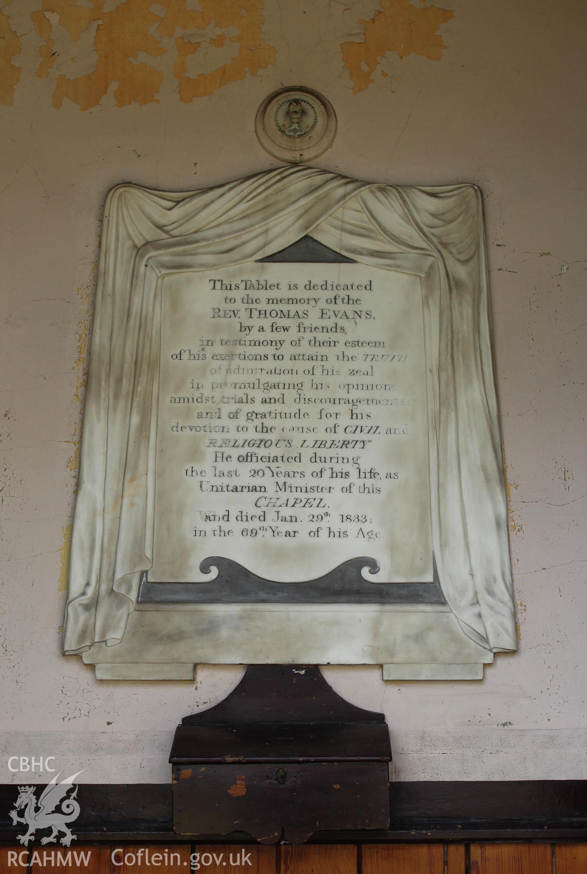 Detail of memorial to Rev. Thomas Evans in vestibule