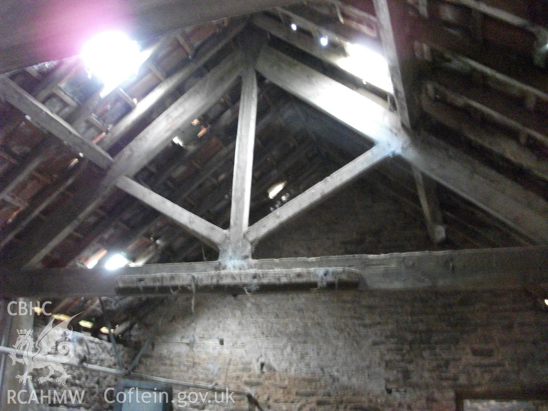 Colour digital photograph of interior of barn - A-frame, at Llangwm Isaf Farm, received in the course of Emergency Recording case ref no RCS2/1/1599.