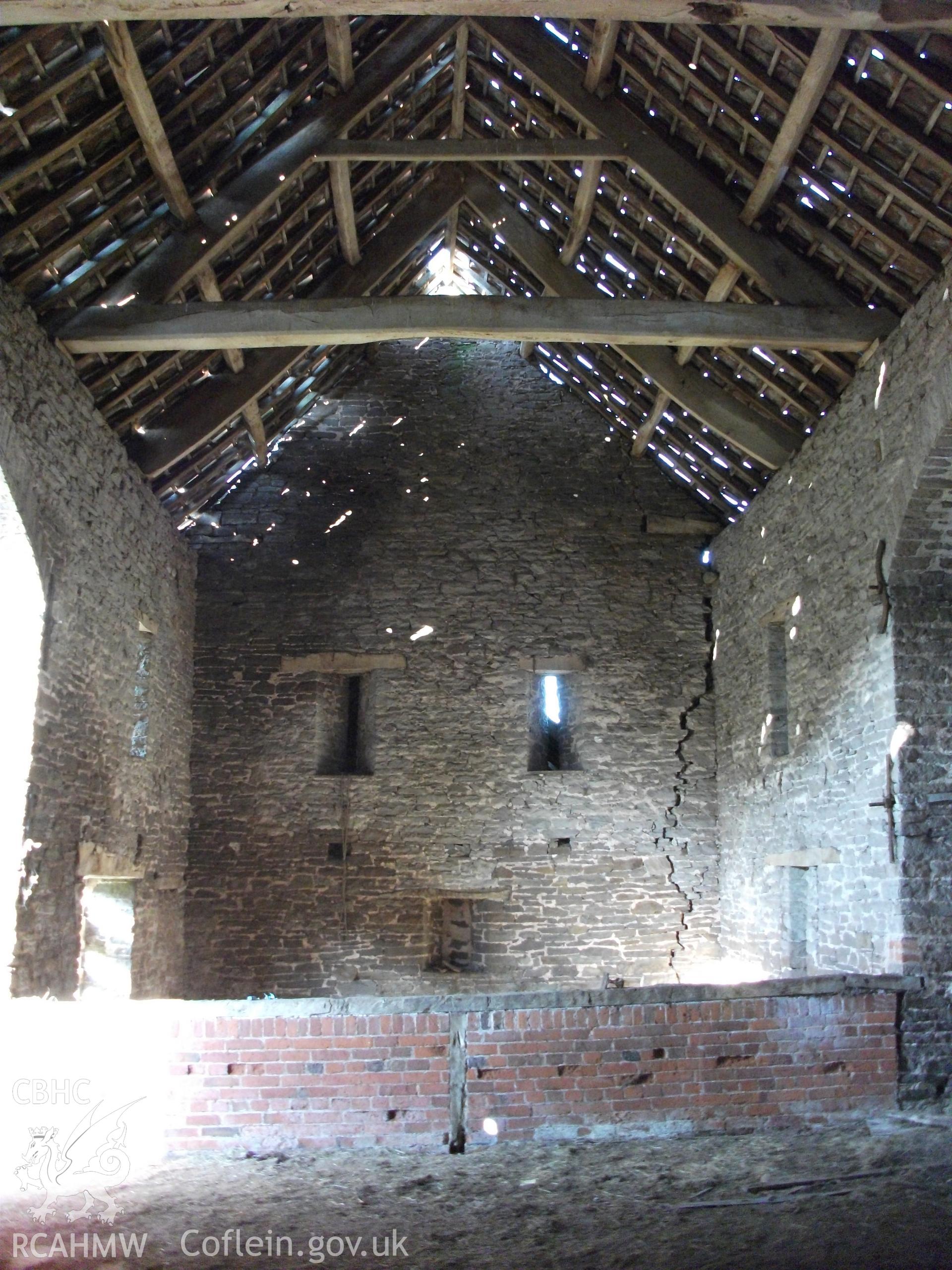 Colour digital photograph of interior of barn; at Llangwm Isaf Farm, received in the course of Emergency Recording case ref no RCS2/1/1599.