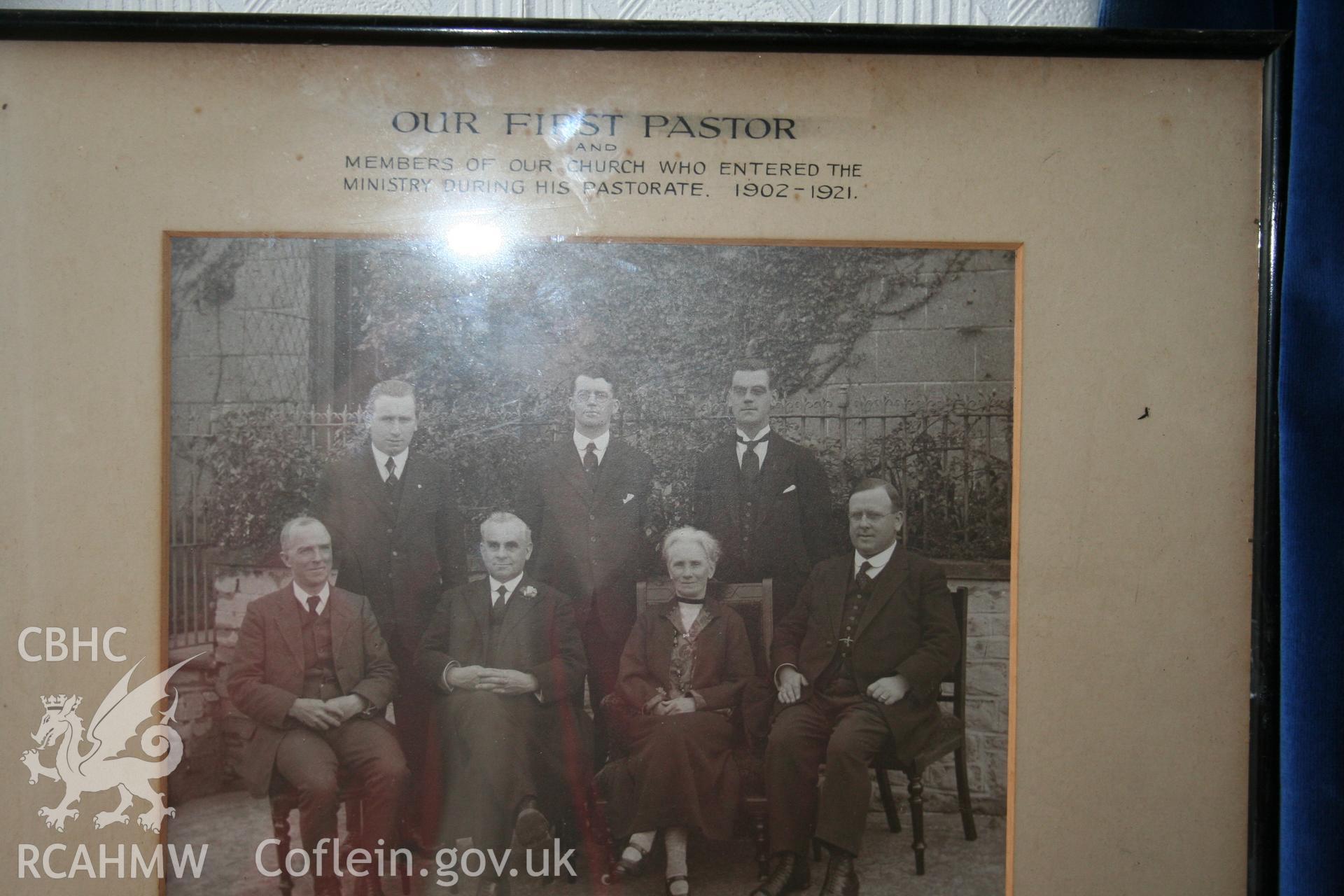 Hanbury Road baptist chapel, Bargoed, digital colour photograph showing Photograph of the Rev. Harri Edwards and members of Hanbury Road Chapel who entered the ministry during his pastorate, received in the course of Emergency Recording case ref no RCS2/1/2247.