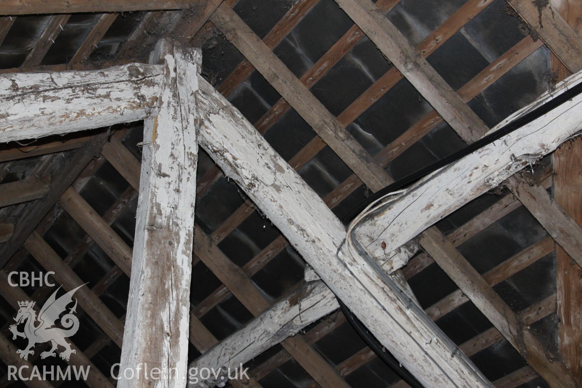 Pentre Farm: digital photograph showing interior of barn (roof timbers), received in the course of Emergency Recording case ref no RCS2/1/2780.