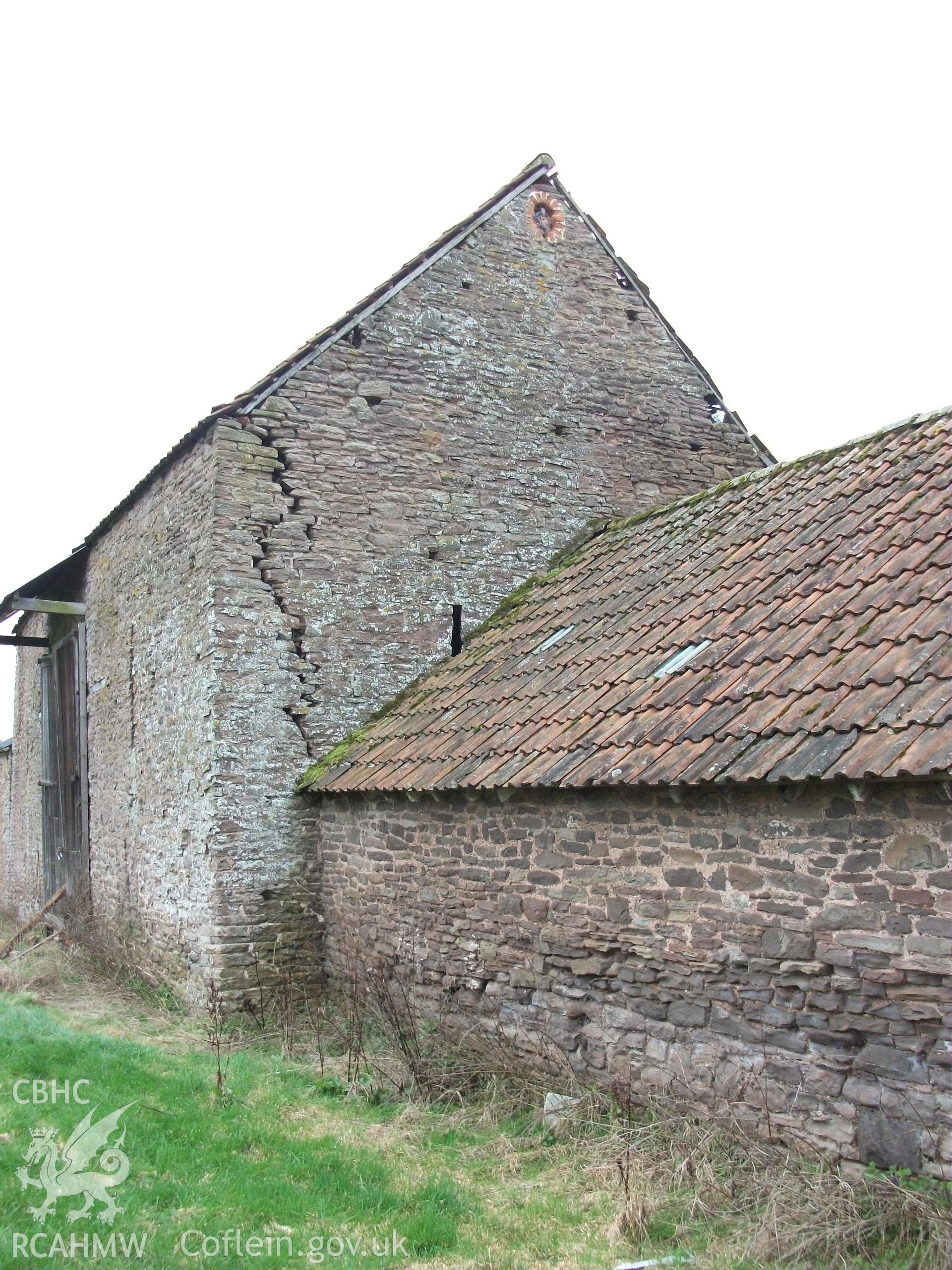 Colour digital photograph of exterior of barn; at Llangwm Isaf Farm, received in the course of Emergency Recording case ref no RCS2/1/1599.