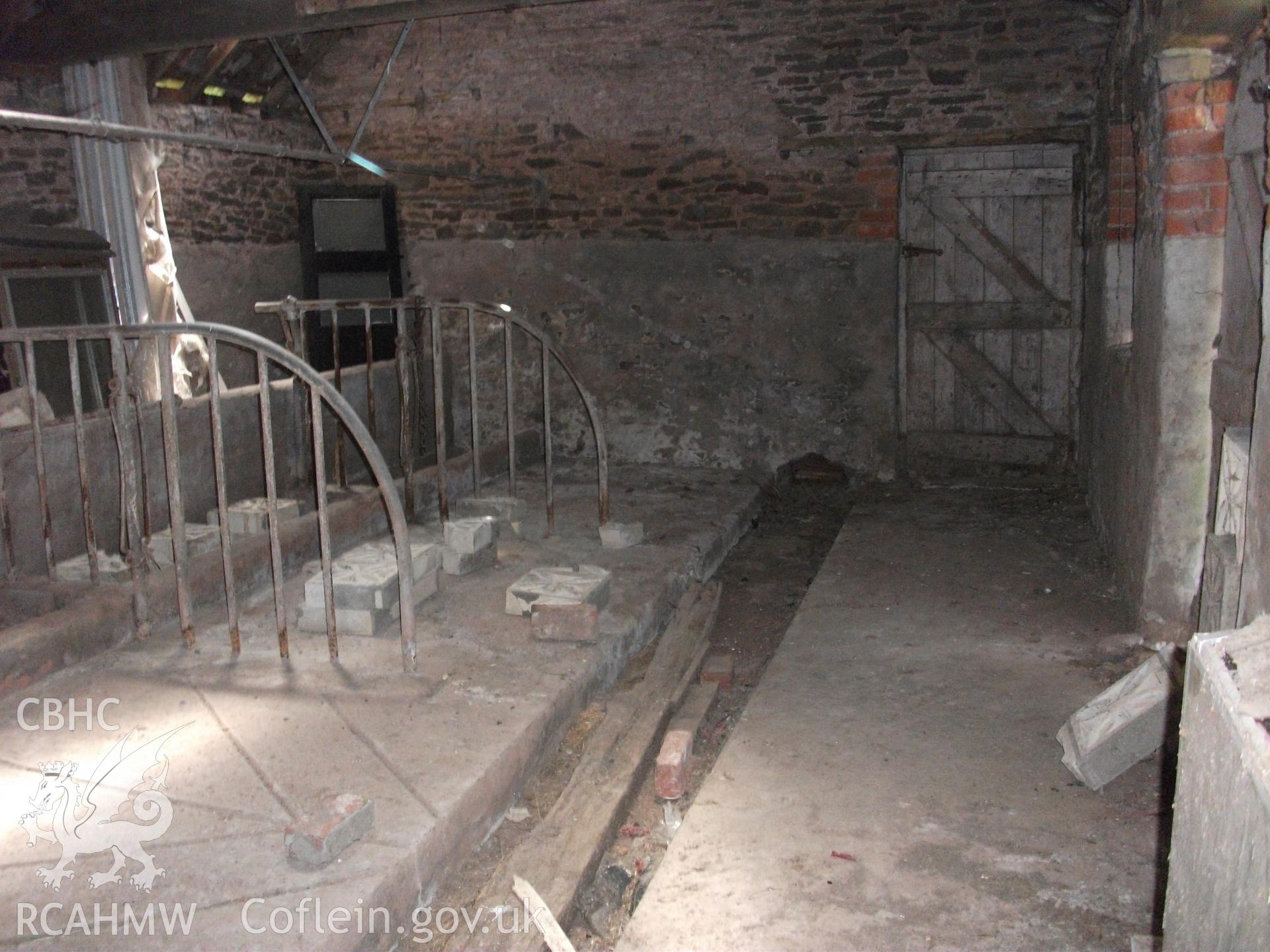 Colour digital photograph of interior of barn - milking parlour; at Llangwm Isaf Farm, received in the course of Emergency Recording case ref no RCS2/1/1599.