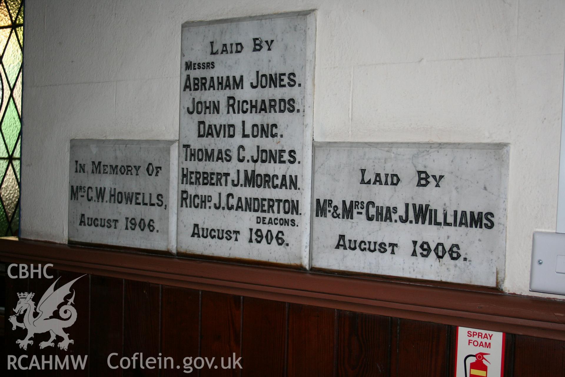 Hanbury Road baptist chapel, Bargoed, digital colour photograph showing completion stone laid by the Deacons, August 1906, received in the course of Emergency Recording case ref no RCS2/1/2247.