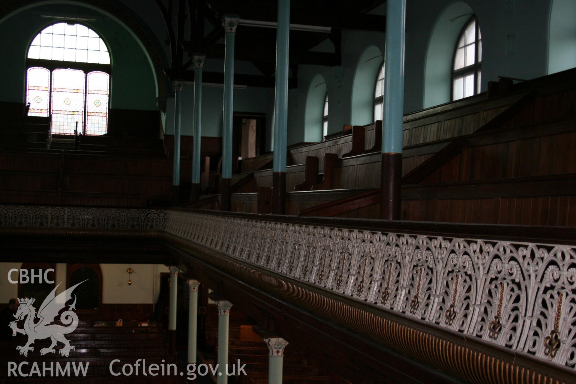 Hanbury Road baptist chapel, Bargoed, digital colour photograph showing interior - balcony, received in the course of Emergency Recording case ref no RCS2/1/2247.