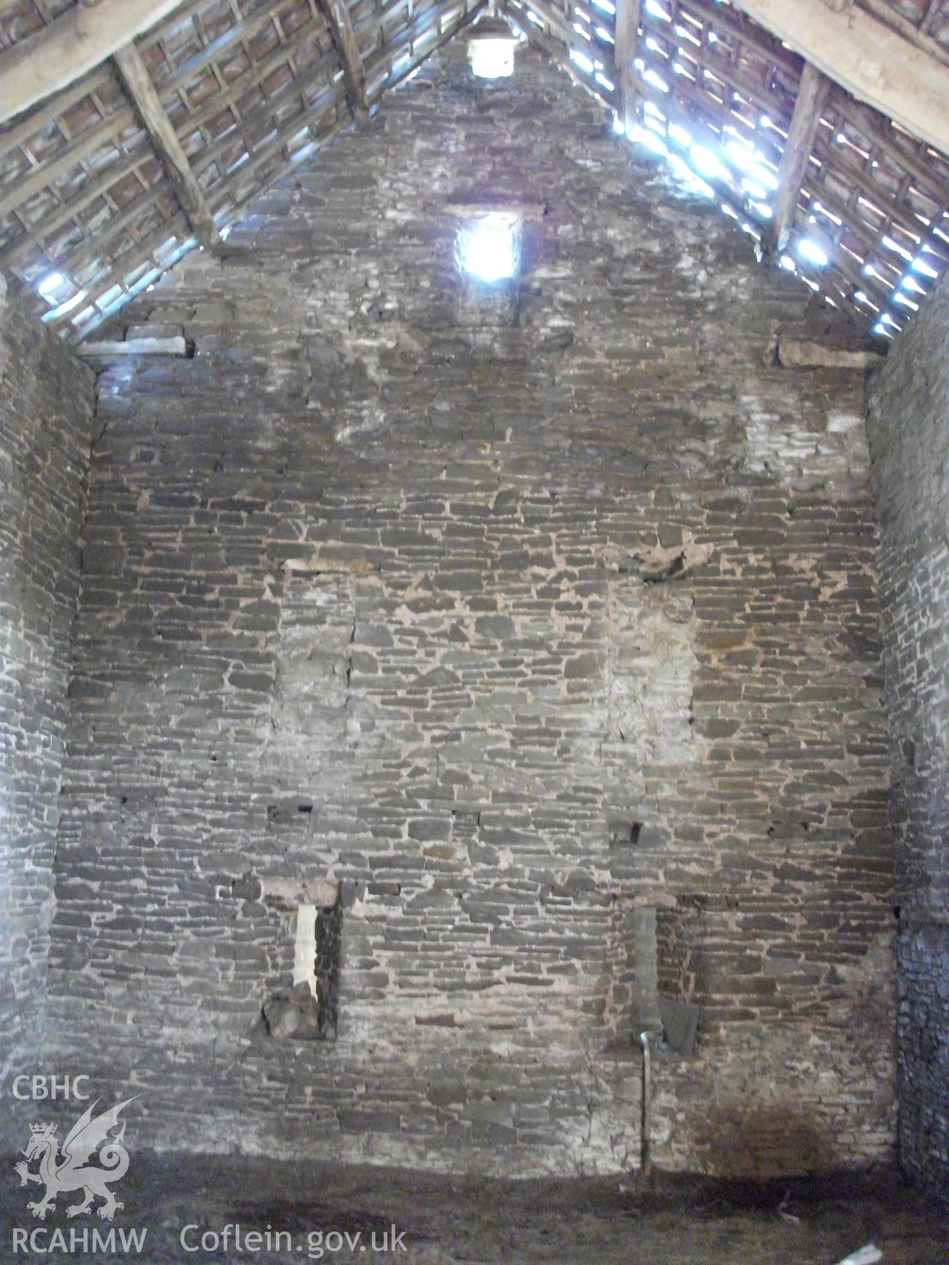 Colour digital photograph of interior of barn at Llangwm Isaf Farm, received in the course of Emergency Recording case ref no RCS2/1/1599.