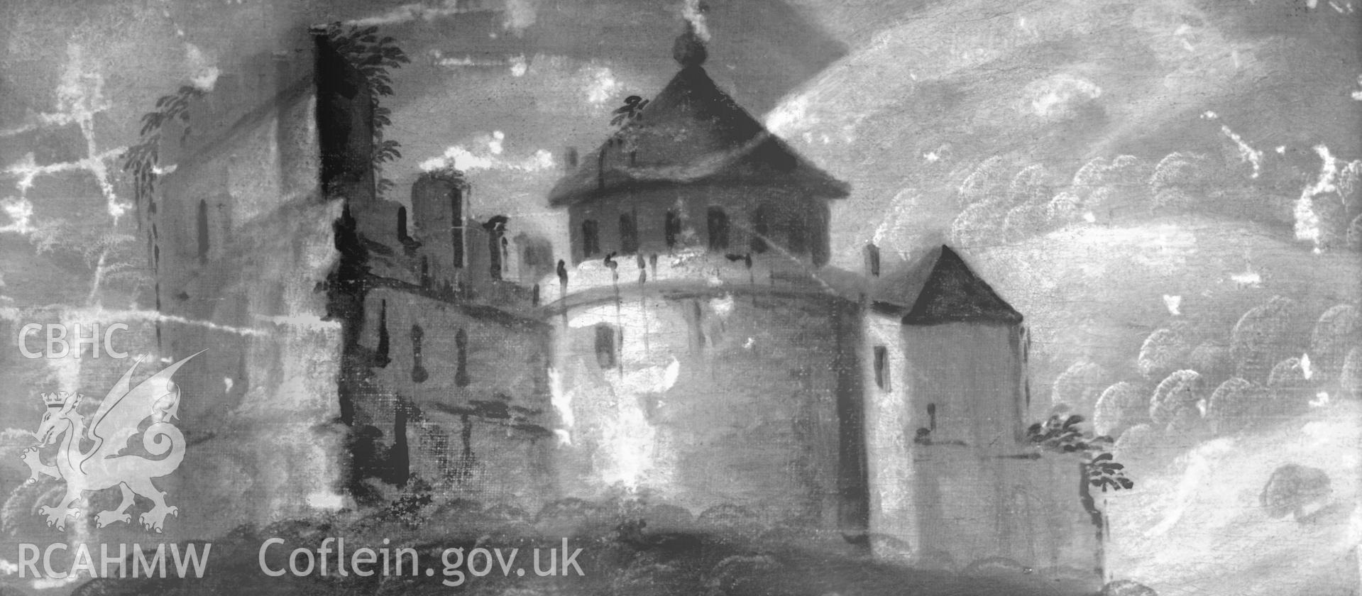 Digital black & white copy of detail of painting entitled: 'Old Dynevor Castle' by unknown artist