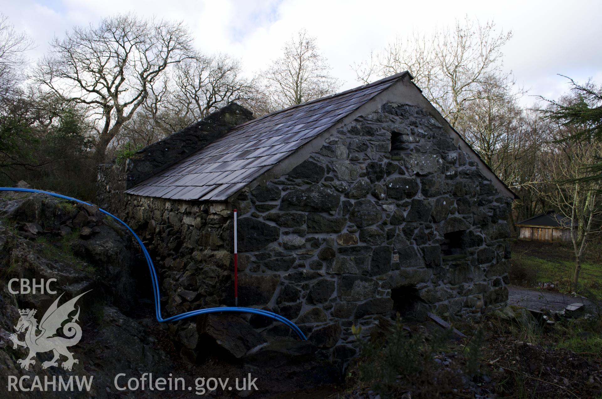 View from east showing north-east gable, taken by Jessica Davidson, Gwynedd Archaeological Trust, 8th Jan 2016.