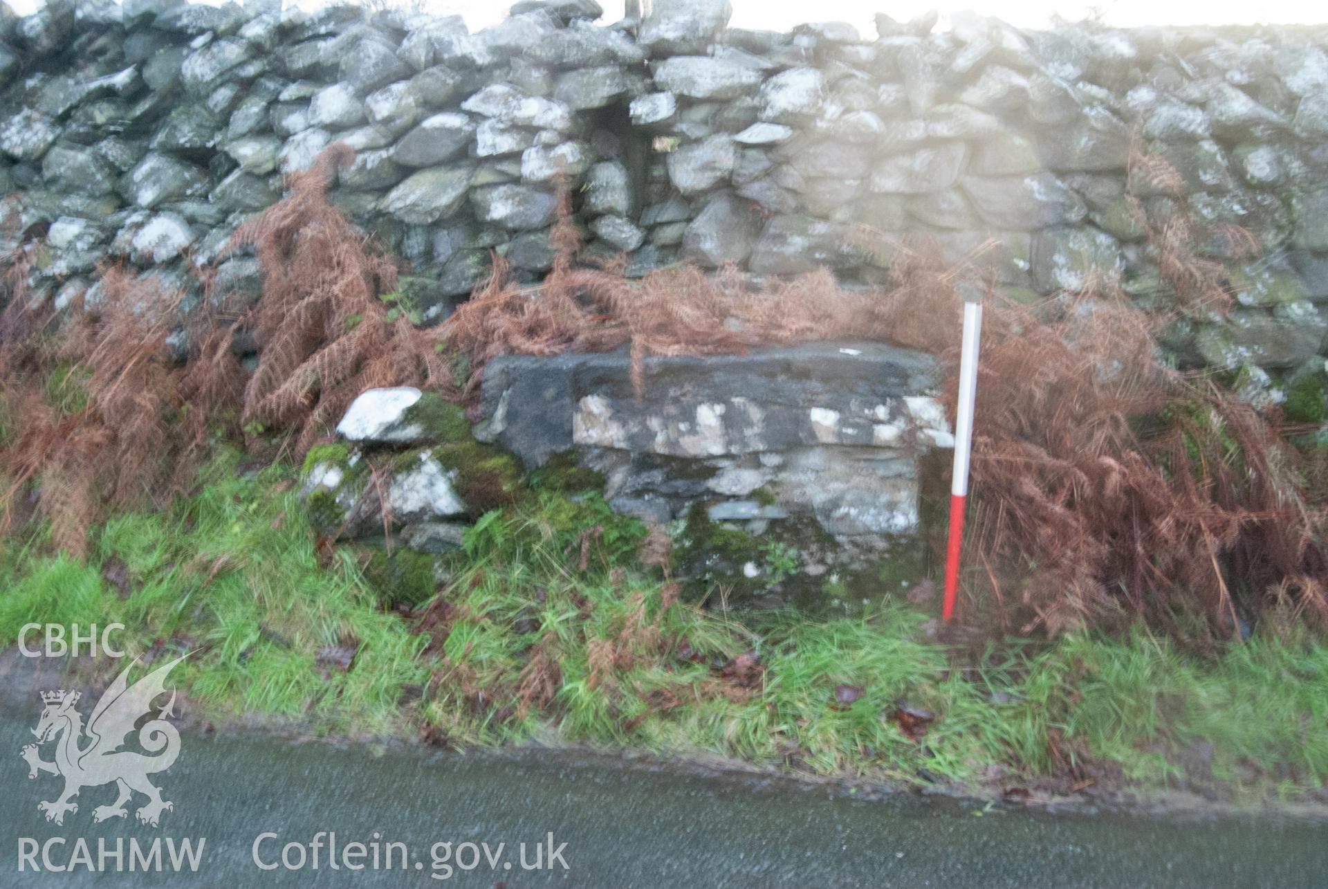 View from east, showing view of milk churn stand opposite Tyddyn Bach (Blurry)
