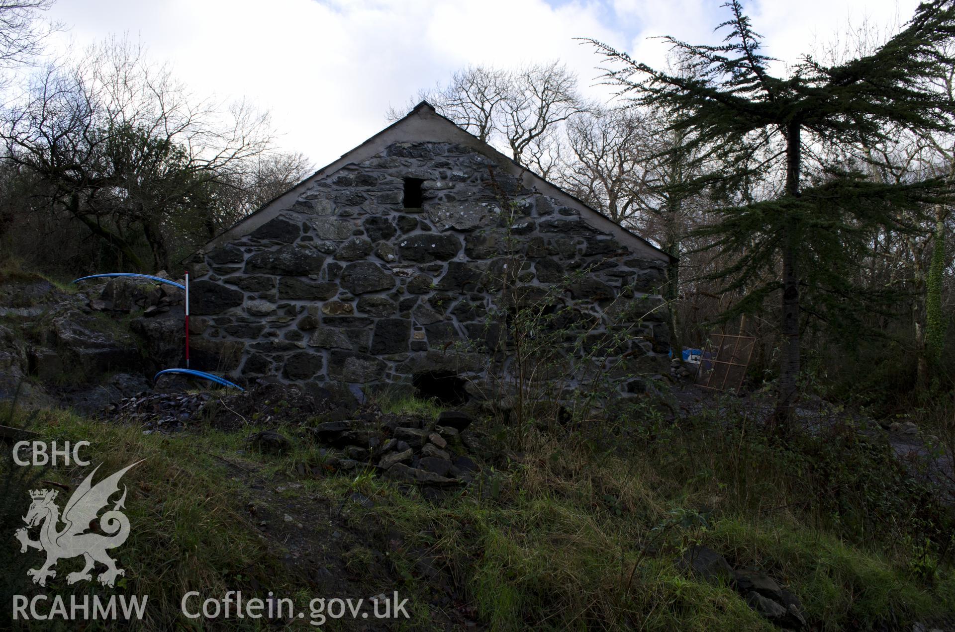 View from north-east showing north-east gable, taken by Jessica Davidson, Gwynedd Archaeological Trust, 8th Jan 2016.