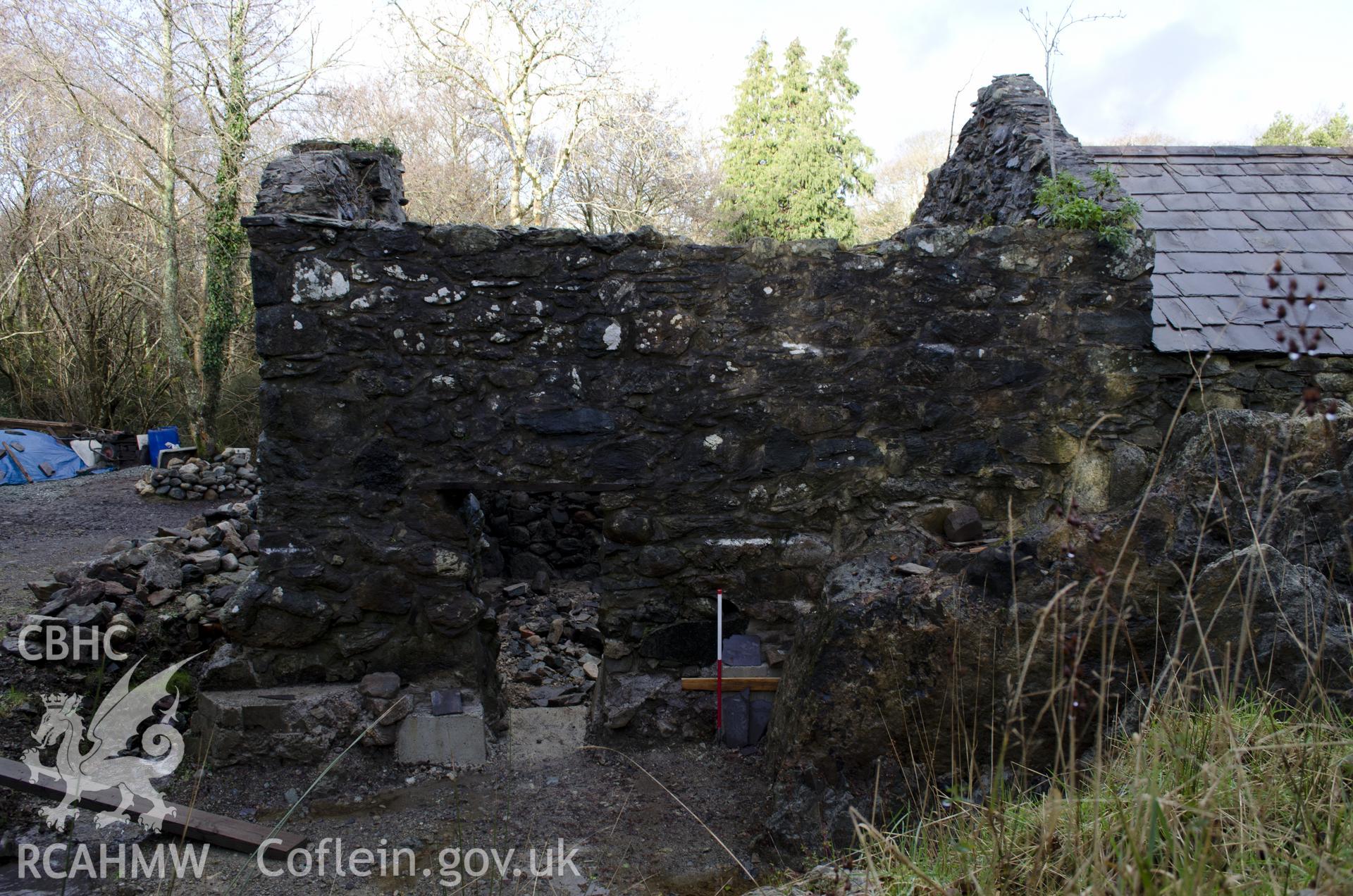 View from south-east showing southeast elevation - southwest half, taken by Jessica Davidson, Gwynedd Archaeological Trust, 8th Jan 2016.