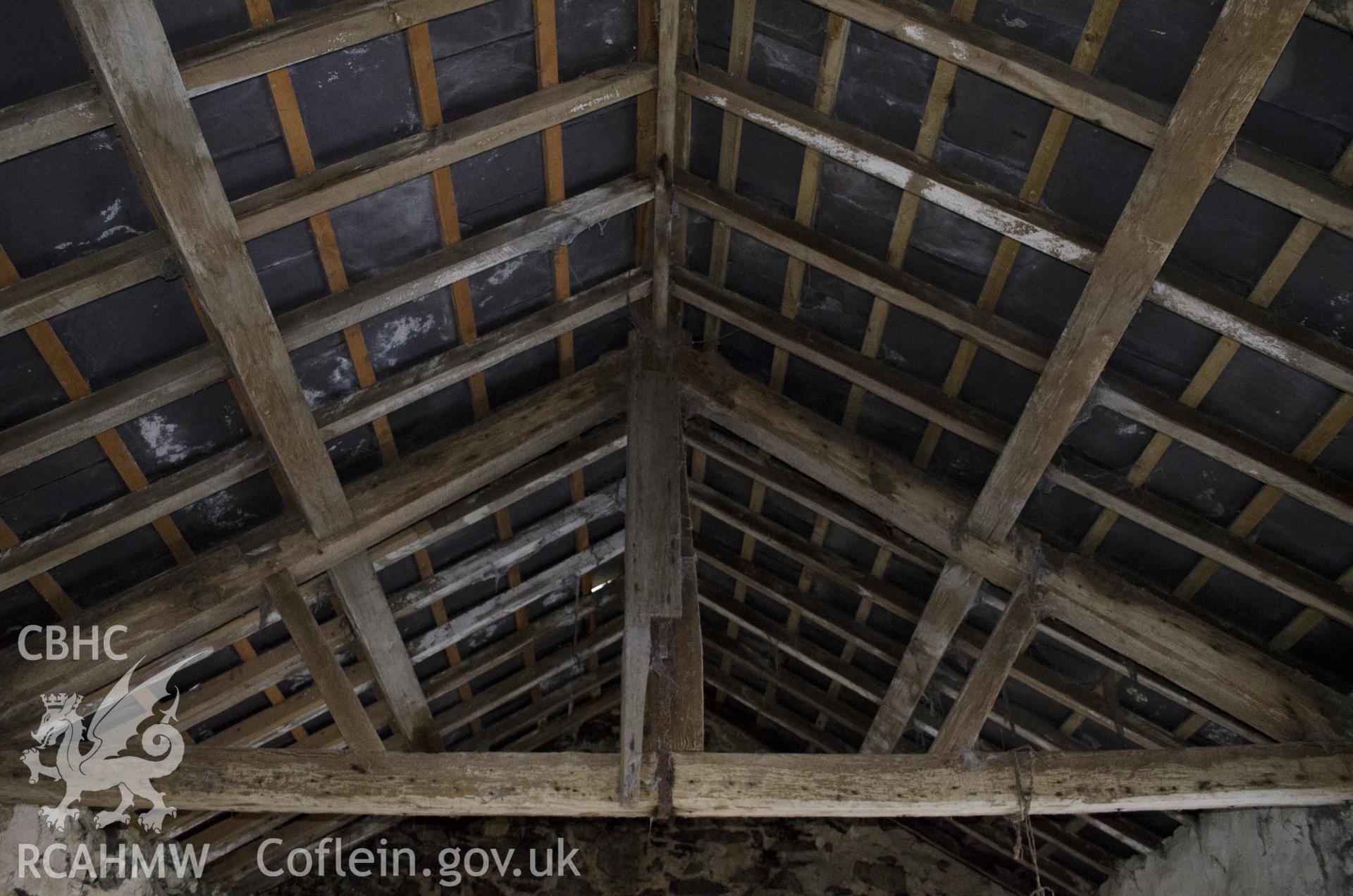 View from south-west showing central roof truss in the NE room, taken by Jessica Davidson, Gwynedd Archaeological Trust, 8th Jan 2016.