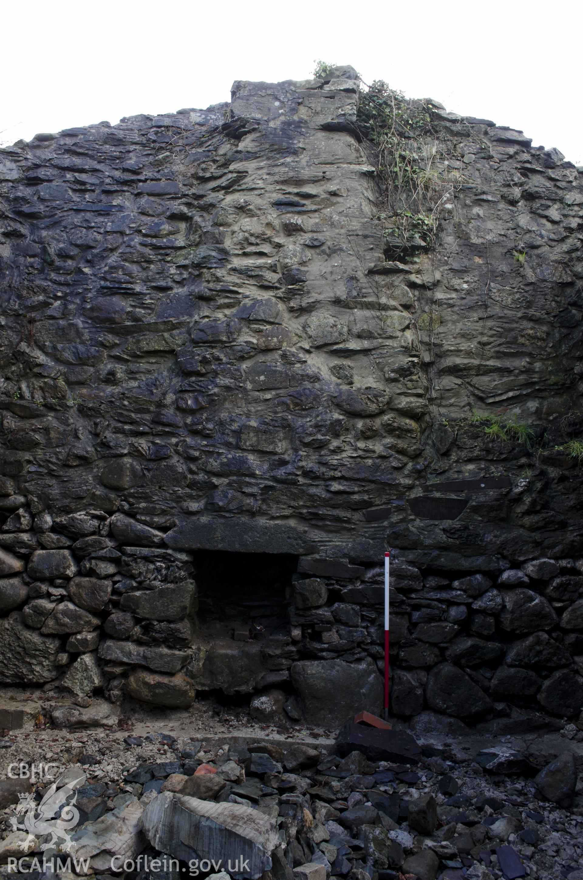 View from north-east showing fireplace in the SW gable wall in the SW room, taken by Jessica Davidson, Gwynedd Archaeological Trust, 8th Jan 2016.