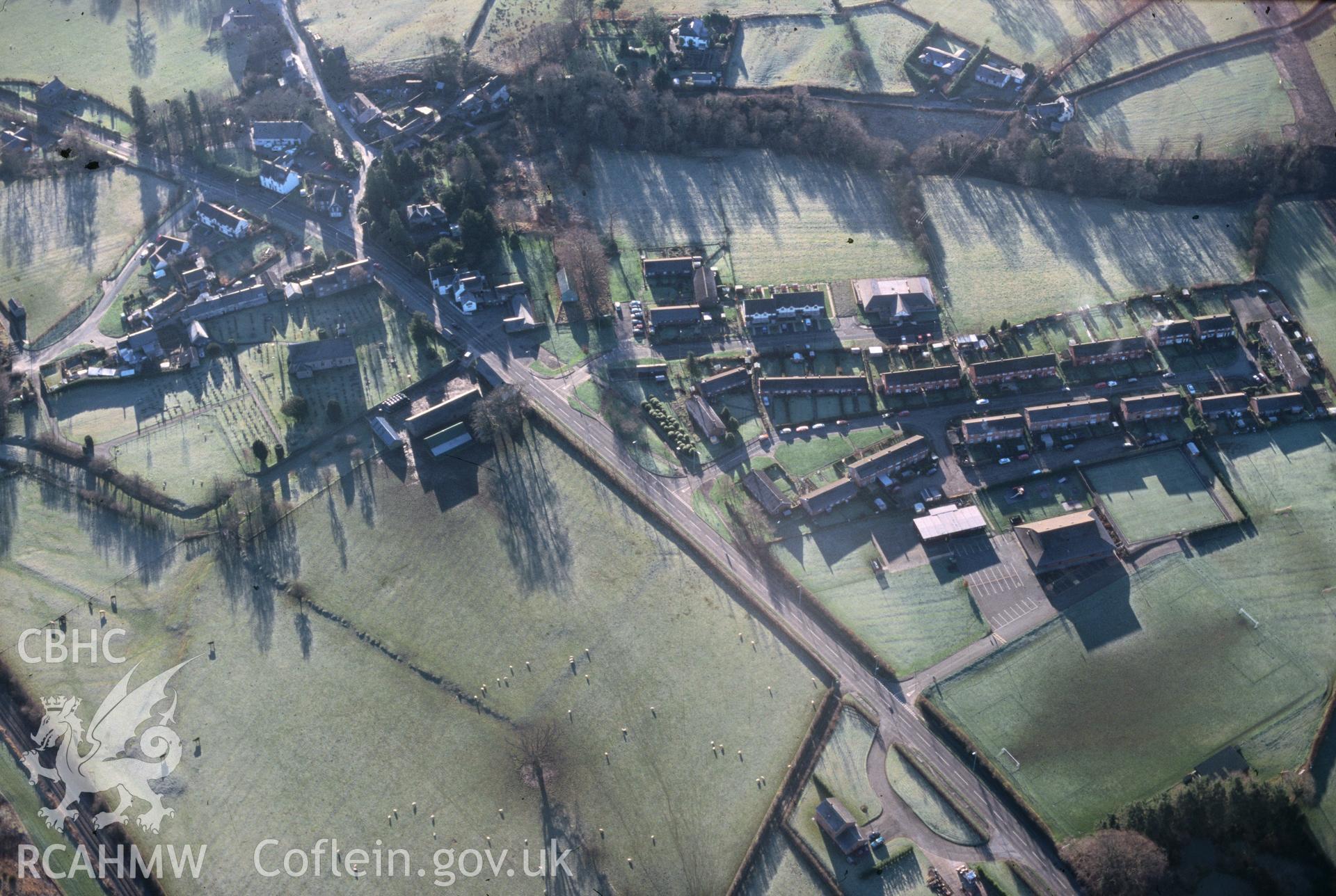Slide of RCAHMW colour oblique aerial photograph of Carno, taken by C.R. Musson, 20/12/1998.