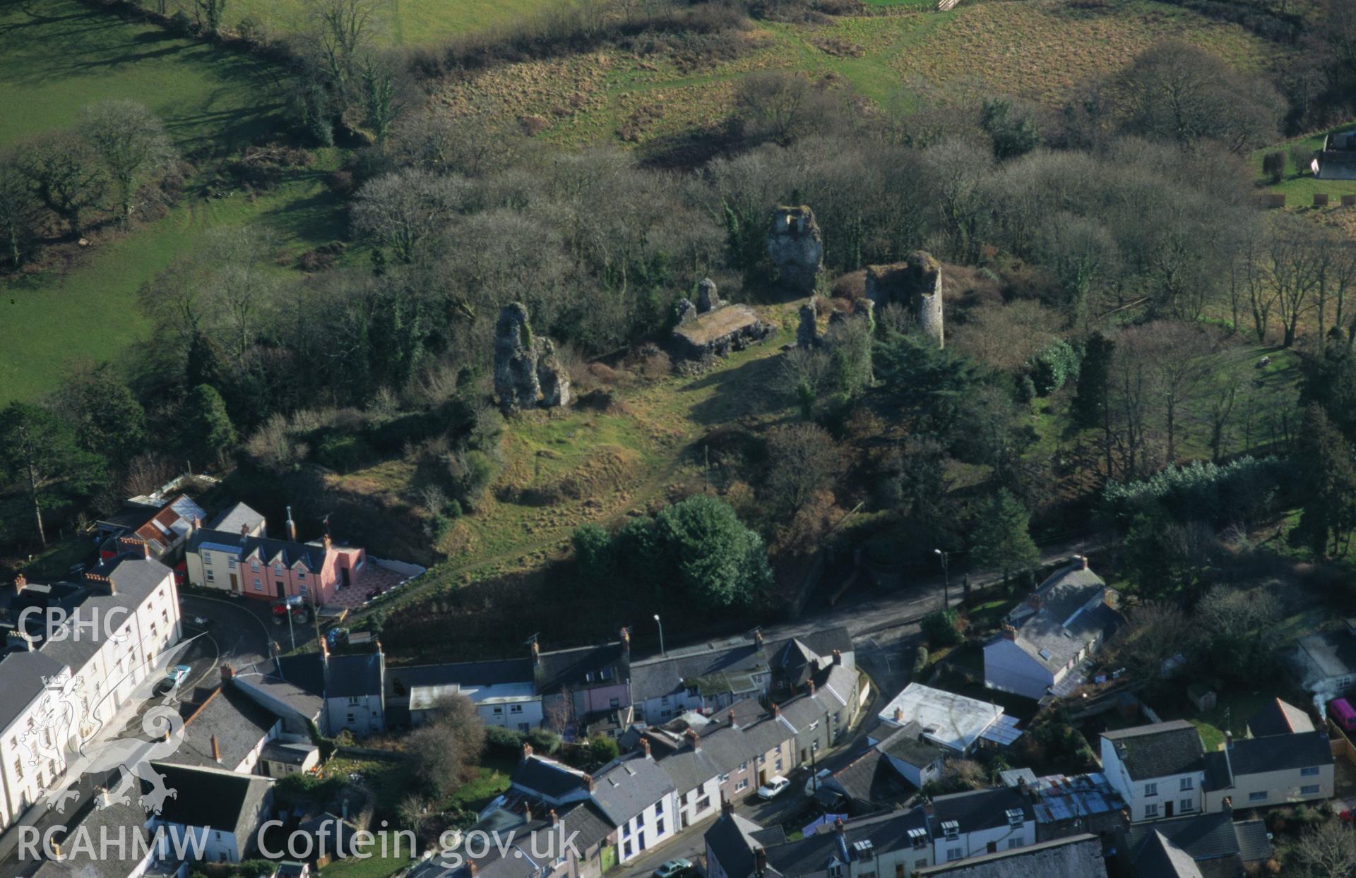 Slide of RCAHMW colour oblique aerial photograph of Narberth Castle, taken by C.R. Musson, 2/2/1997.