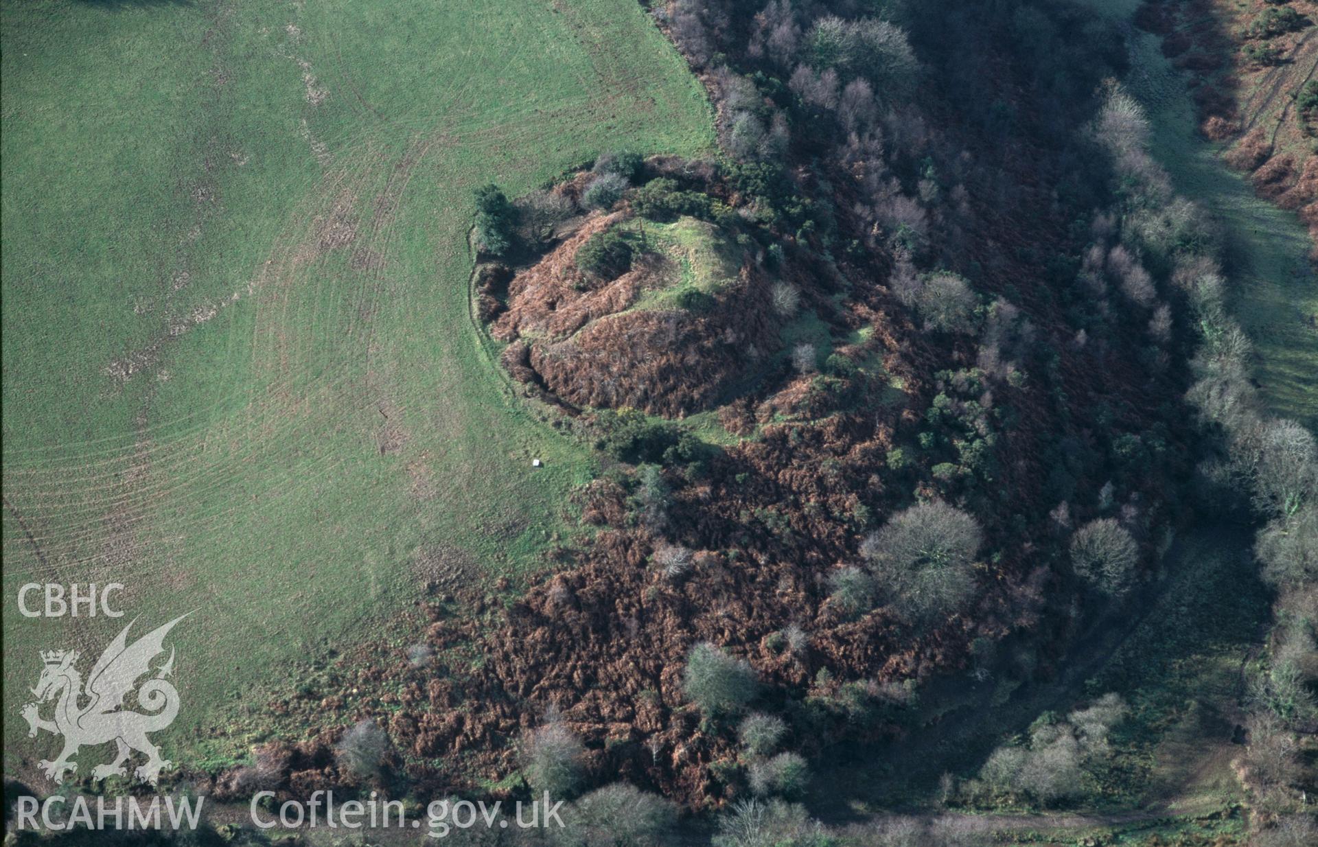 Slide of RCAHMW colour oblique aerial photograph of Waun Twmpath Motte, taken by C.R. Musson, 15/2/1997.