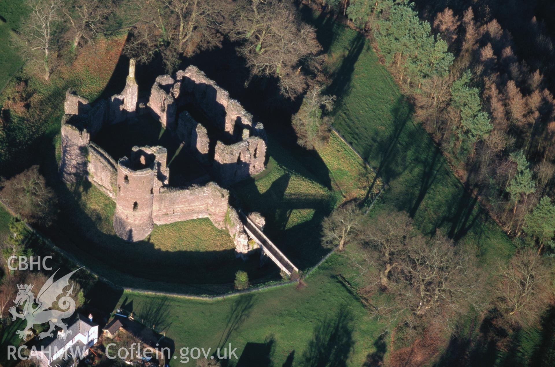 Slide of RCAHMW colour oblique aerial photograph of Grosmont Castle, taken by C.R. Musson, 9/1/1999.