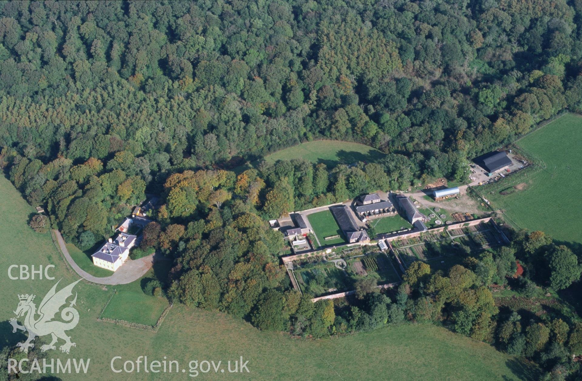 Slide of RCAHMW colour oblique aerial photograph of Llanaeron [llannerchaeron House], taken by T.G. Driver, 19/10/1999.