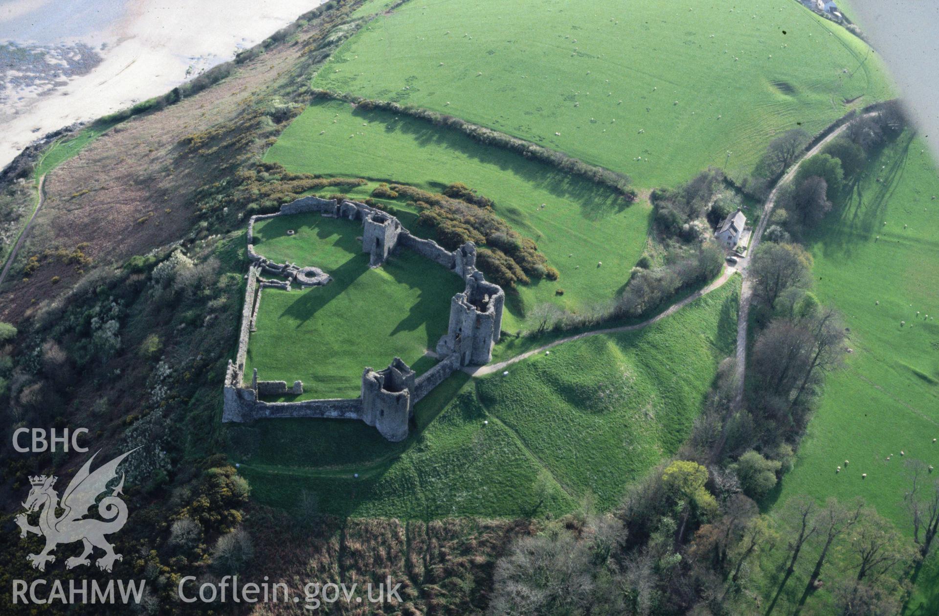 Slide of RCAHMW colour oblique aerial photograph of Llanstephan Castle;llansteffan Castle, taken by C.R. Musson, 19/4/1995.