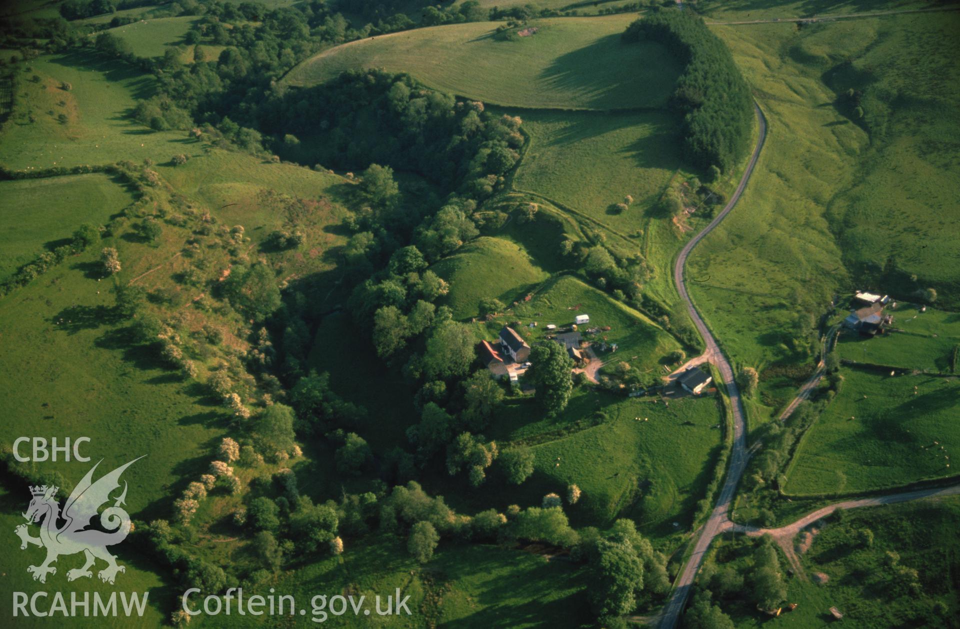 Slide of RCAHMW colour oblique aerial photograph of Castell Cwm Aran;castell Cymaron, taken by C.R. Musson, 13/6/1988.