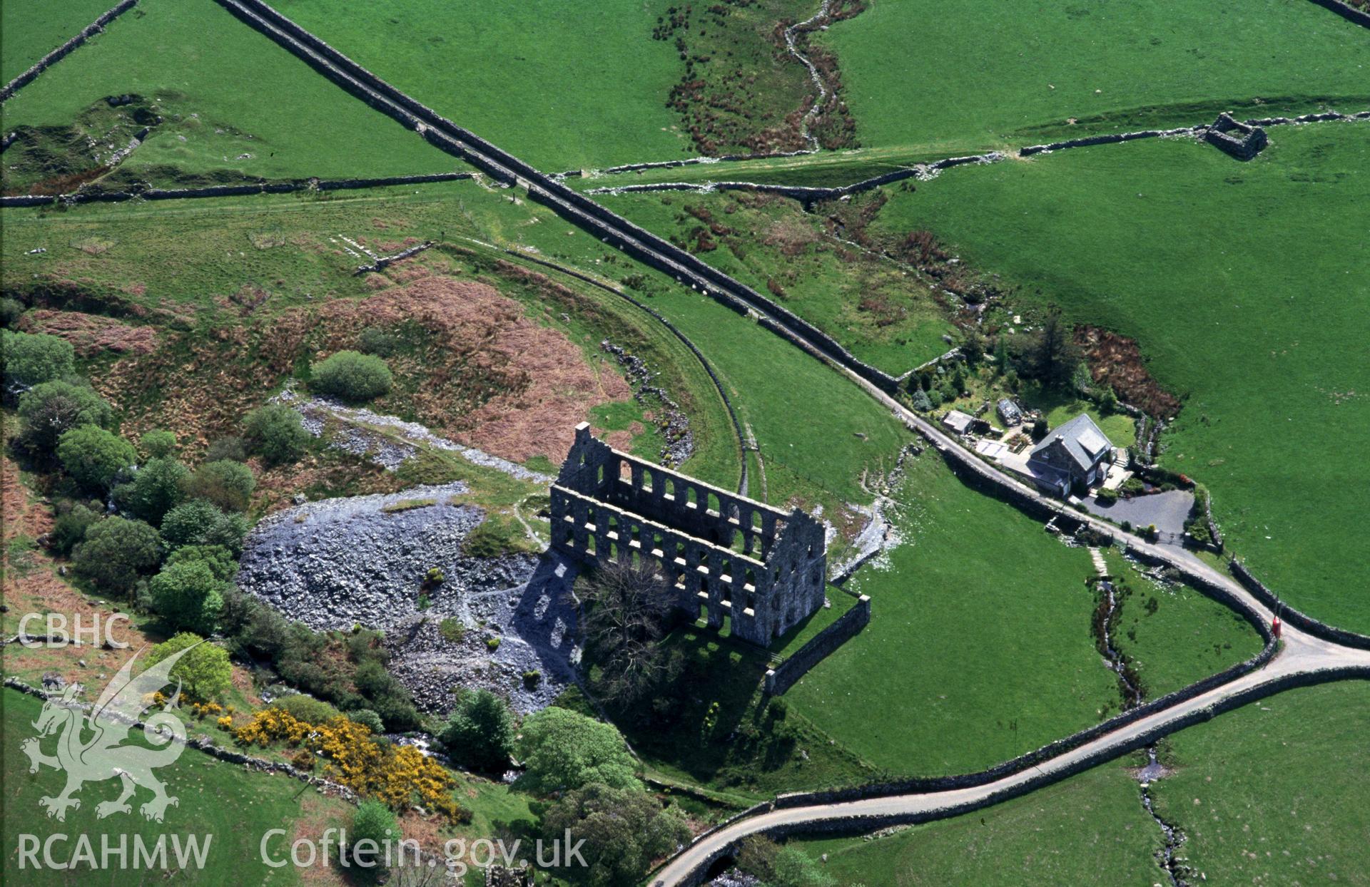 Slide of RCAHMW colour oblique aerial photograph of Ynys-y-pandy Slate Mill, taken by C.R. Musson, 4/5/1993.