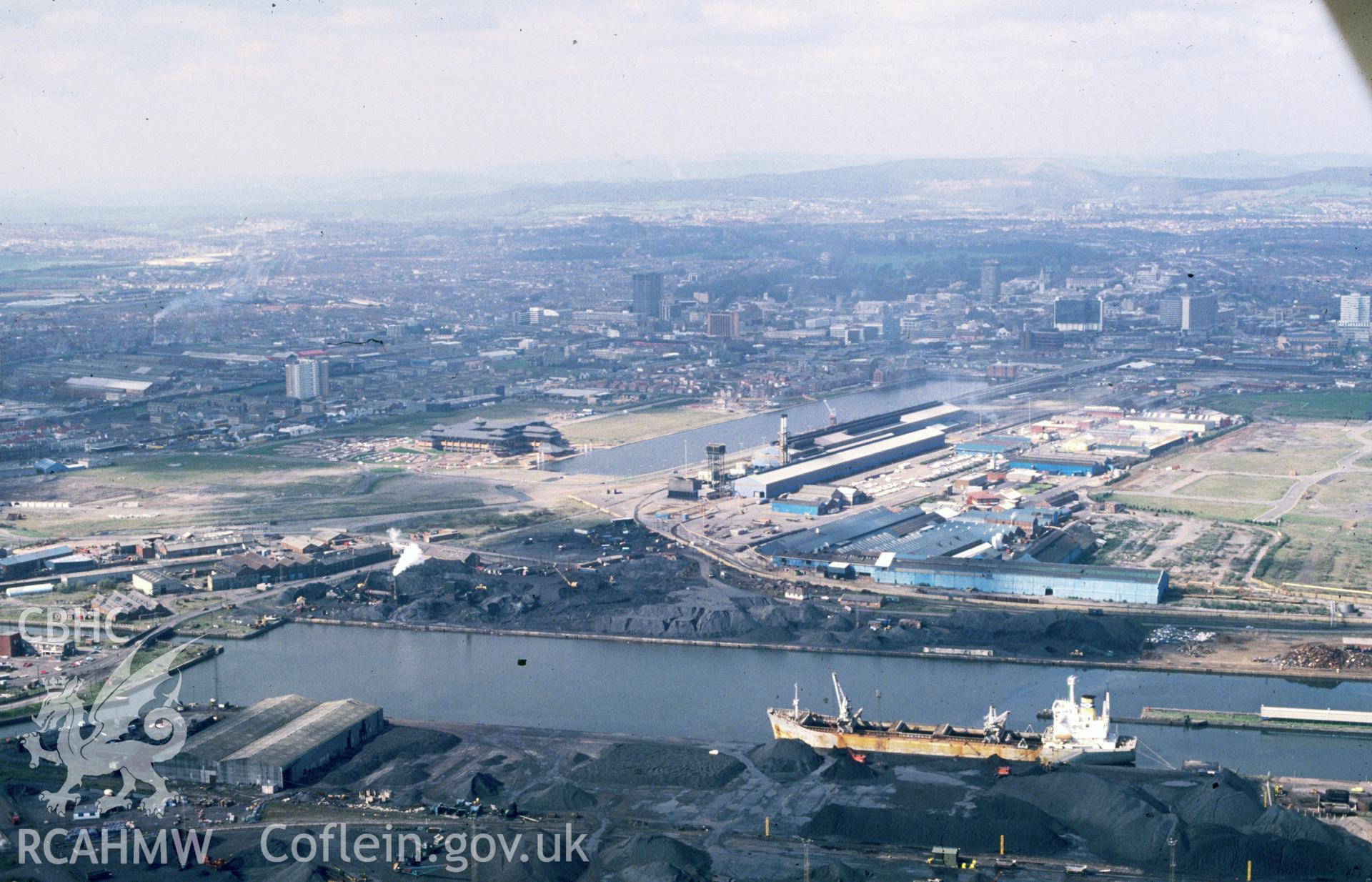 Slide of RCAHMW colour oblique aerial photograph of Roath Dock, Cardiff Bay, taken by C.R. Musson, 26/3/1990.