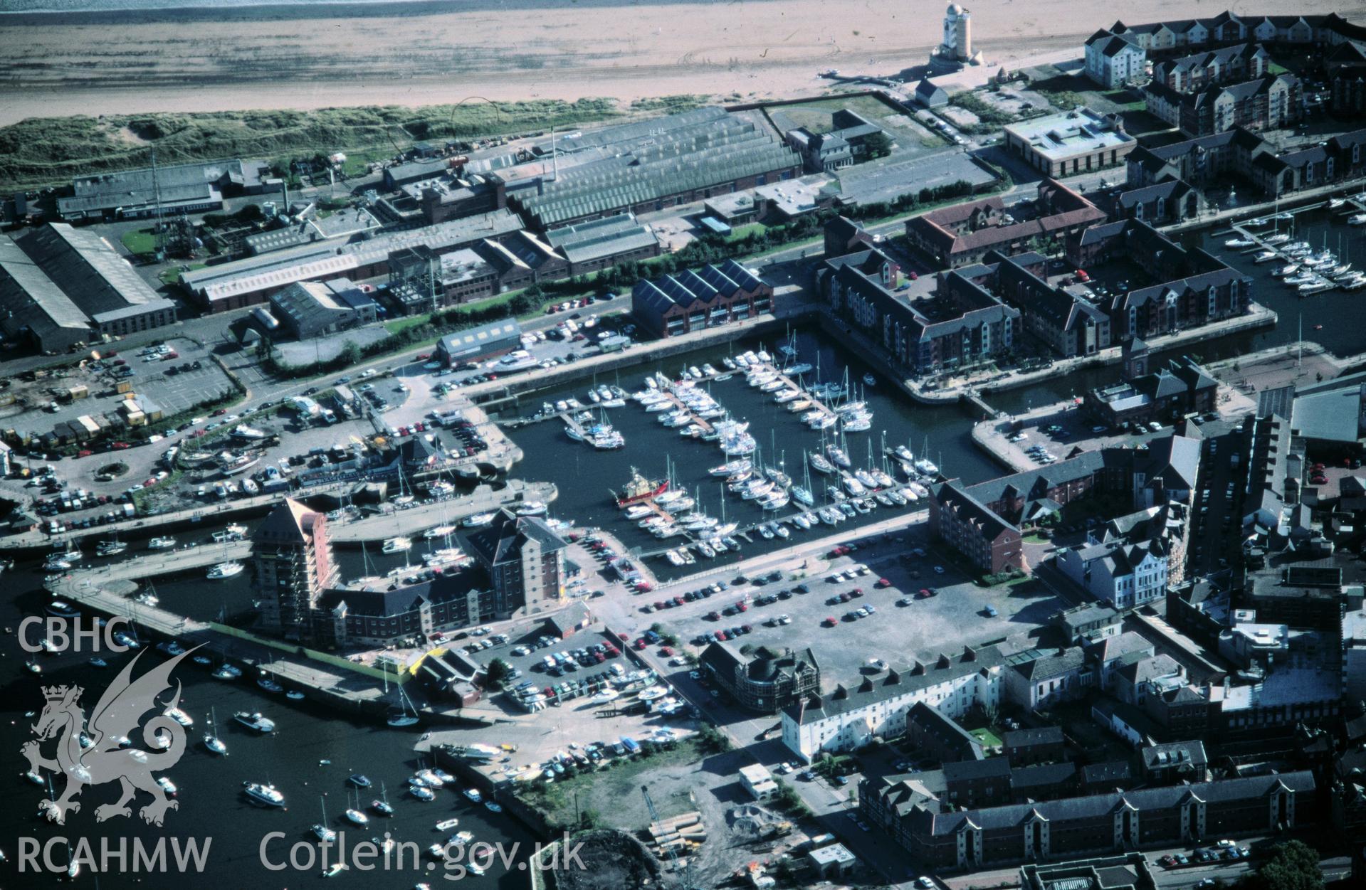 Slide of RCAHMW colour oblique aerial photograph of Swansea Marina, taken by C.R. Musson, 25/8/1991.