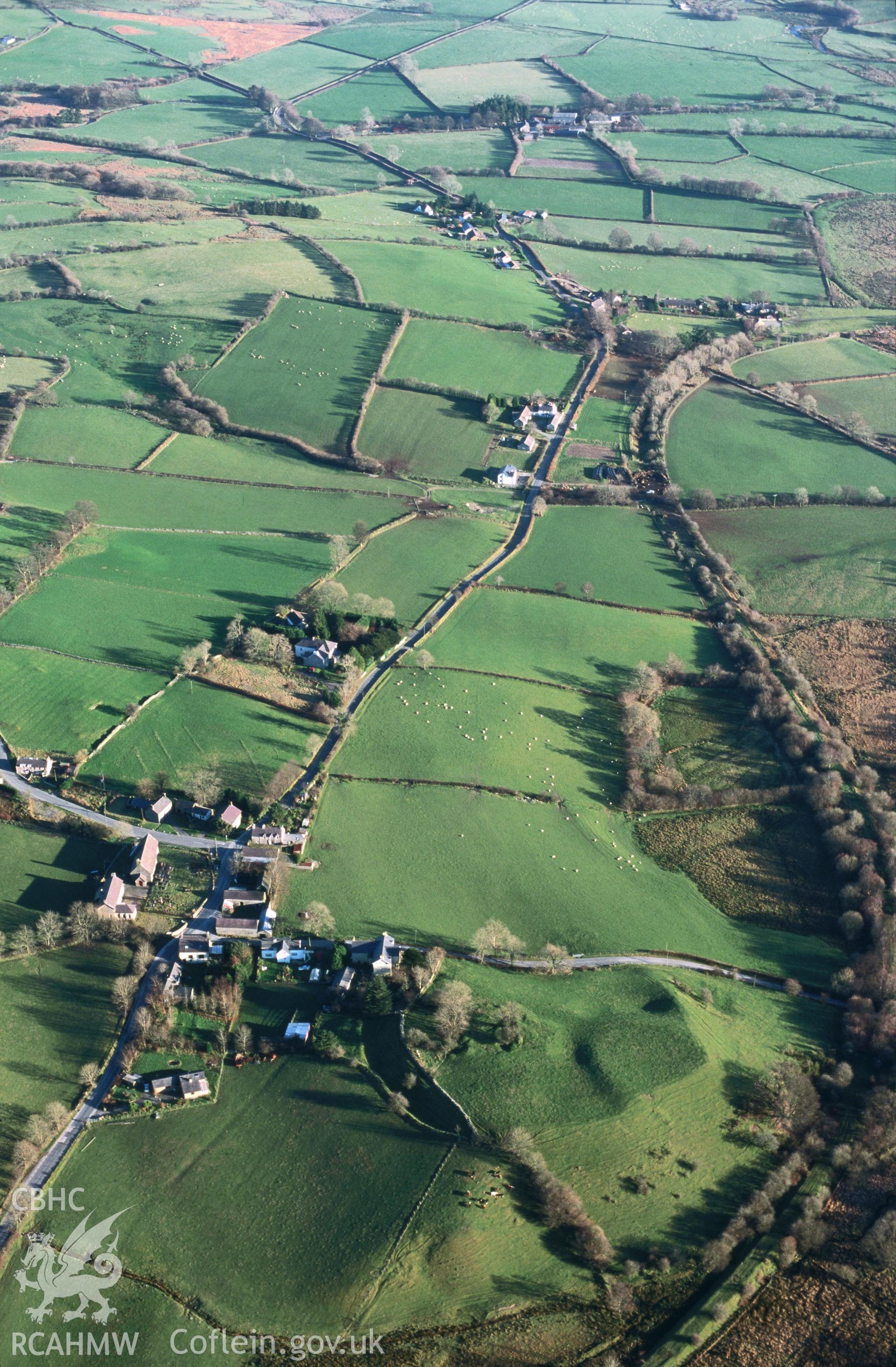 Slide of RCAHMW colour oblique aerial photograph of Ystradmeurig, taken by T.G. Driver, 10/12/2001.