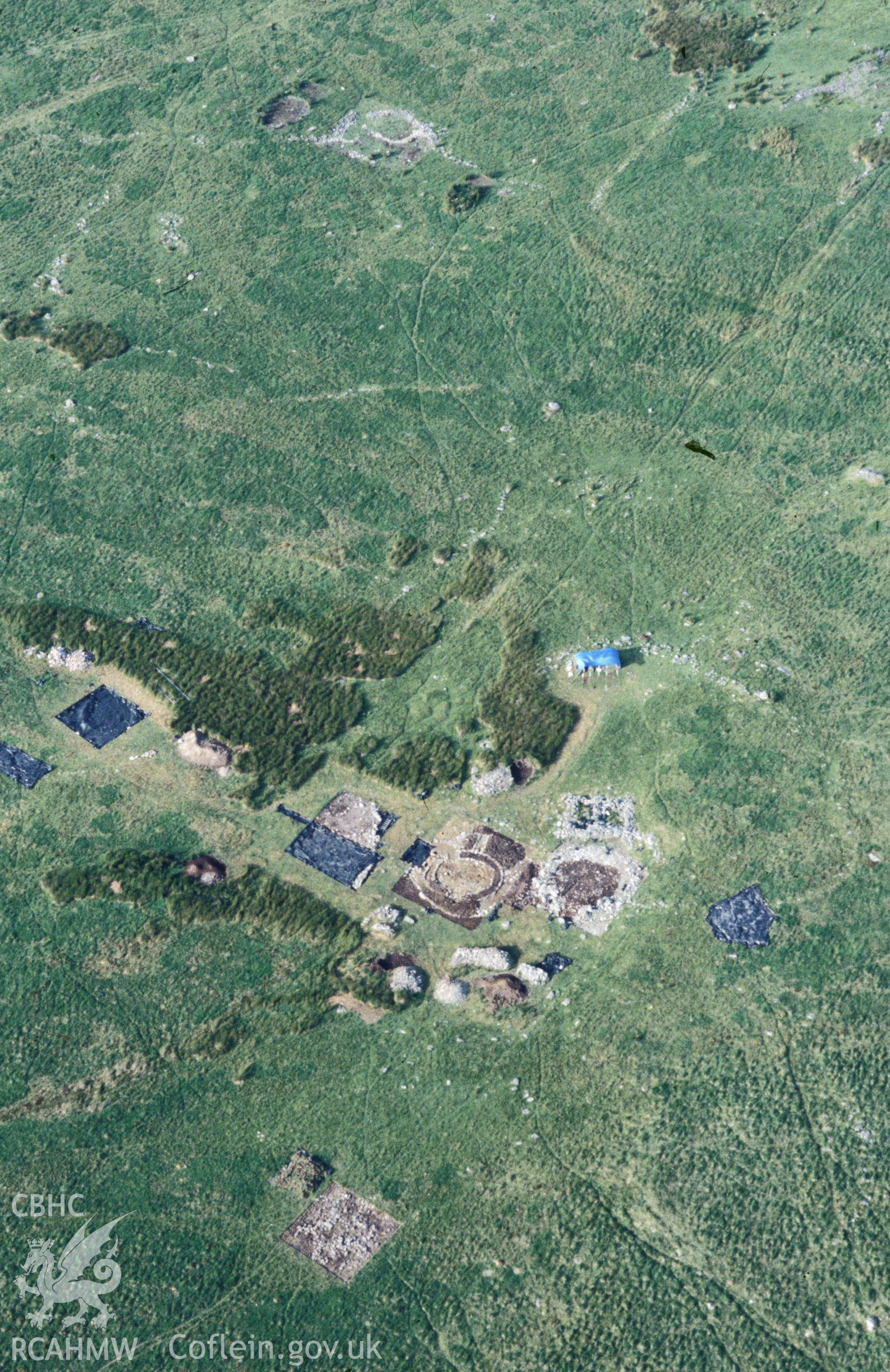 Slide of RCAHMW colour oblique aerial photograph of Crawcwellt, Settlement, taken by C.R. Musson, 9/7/1995.