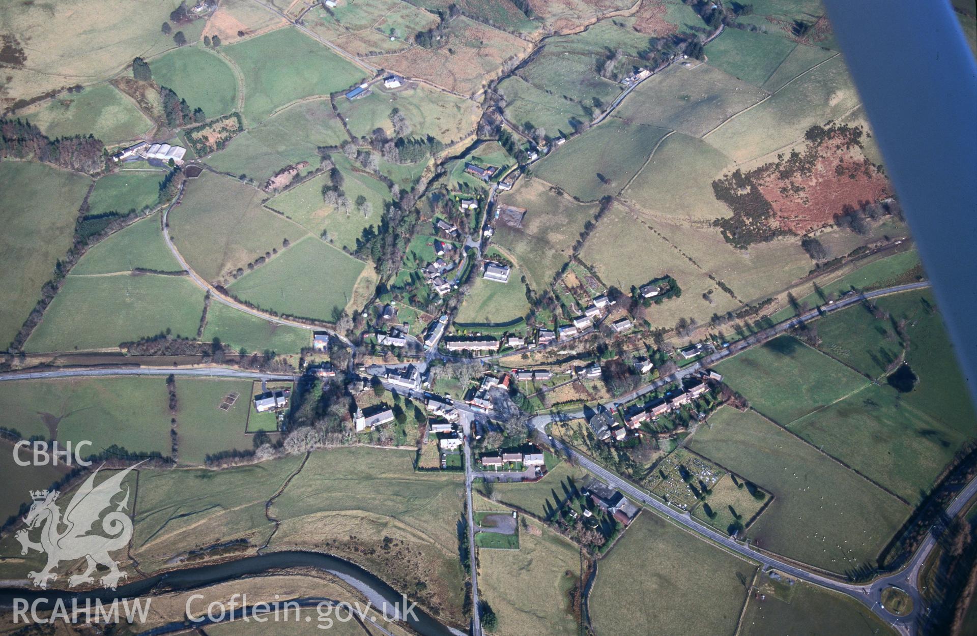 Slide of RCAHMW colour oblique aerial photograph of Llangurig, taken by T.G. Driver, 9/2/2001.