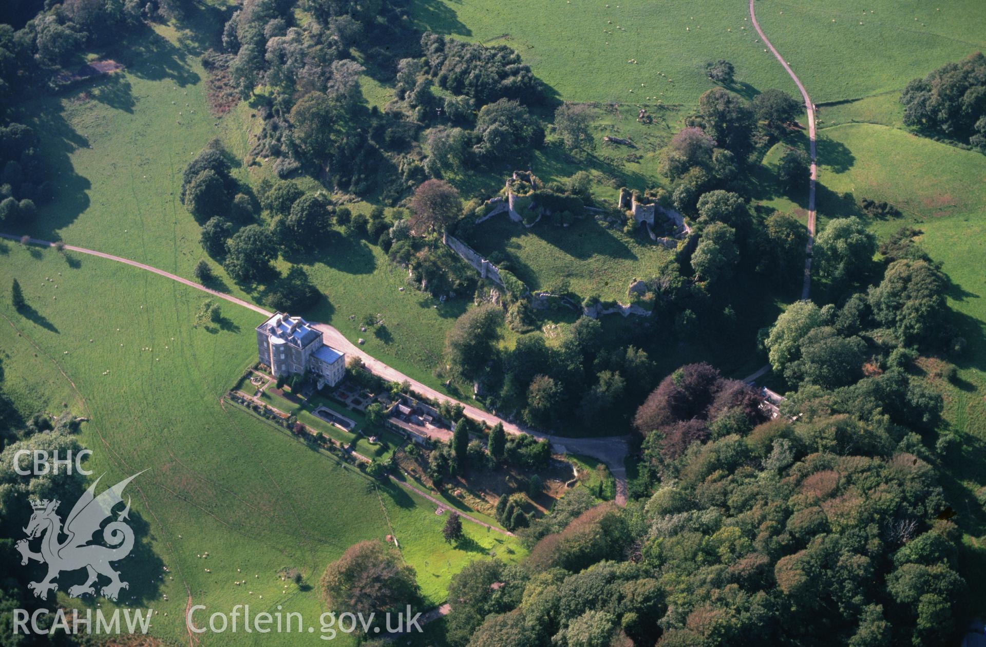 Slide of RCAHMW colour oblique aerial photograph of Penrice Castle, taken by C.R. Musson, 26/8/1991.