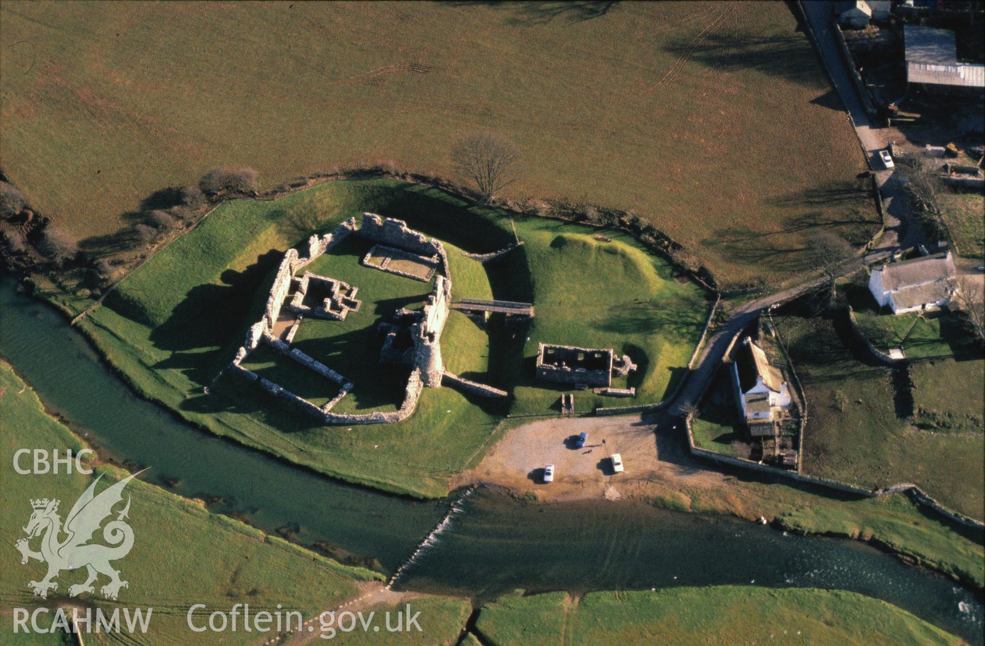 Slide of RCAHMW colour oblique aerial photograph of Ogmore Castle, taken by C.R. Musson, 12/2/1988.