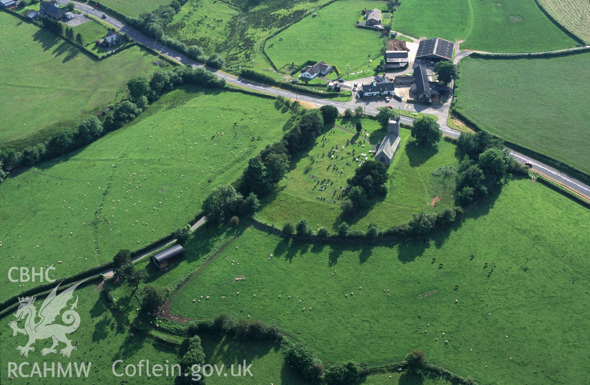 Slide of RCAHMW colour oblique aerial photograph of Llanafan Fawr, taken by T.G. Driver, 19/6/1998.