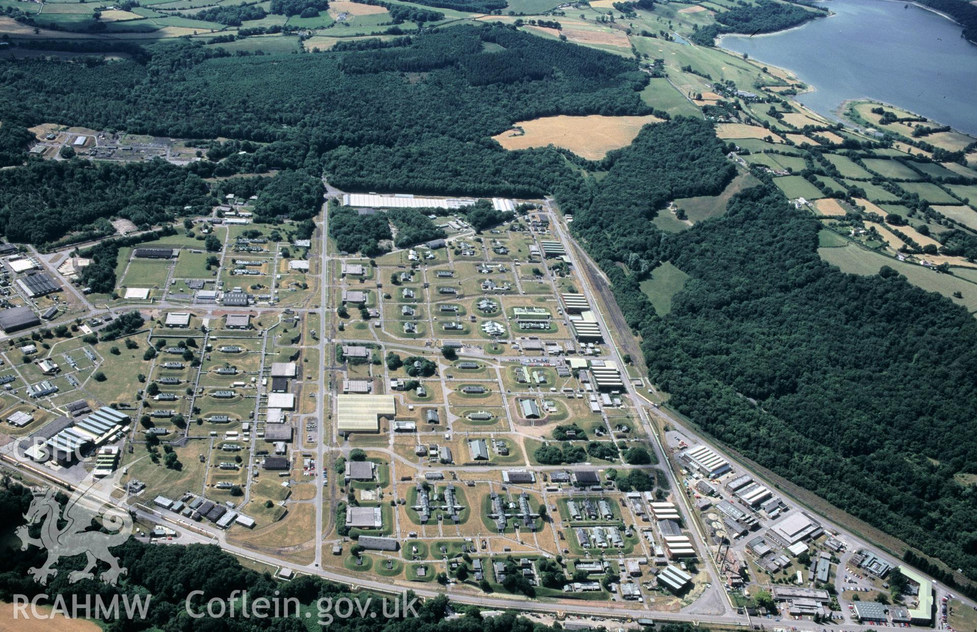 Slide of RCAHMW colour oblique aerial photograph of Llanbadoc Armament Depot, taken by C.R. Musson, 24/7/1996.