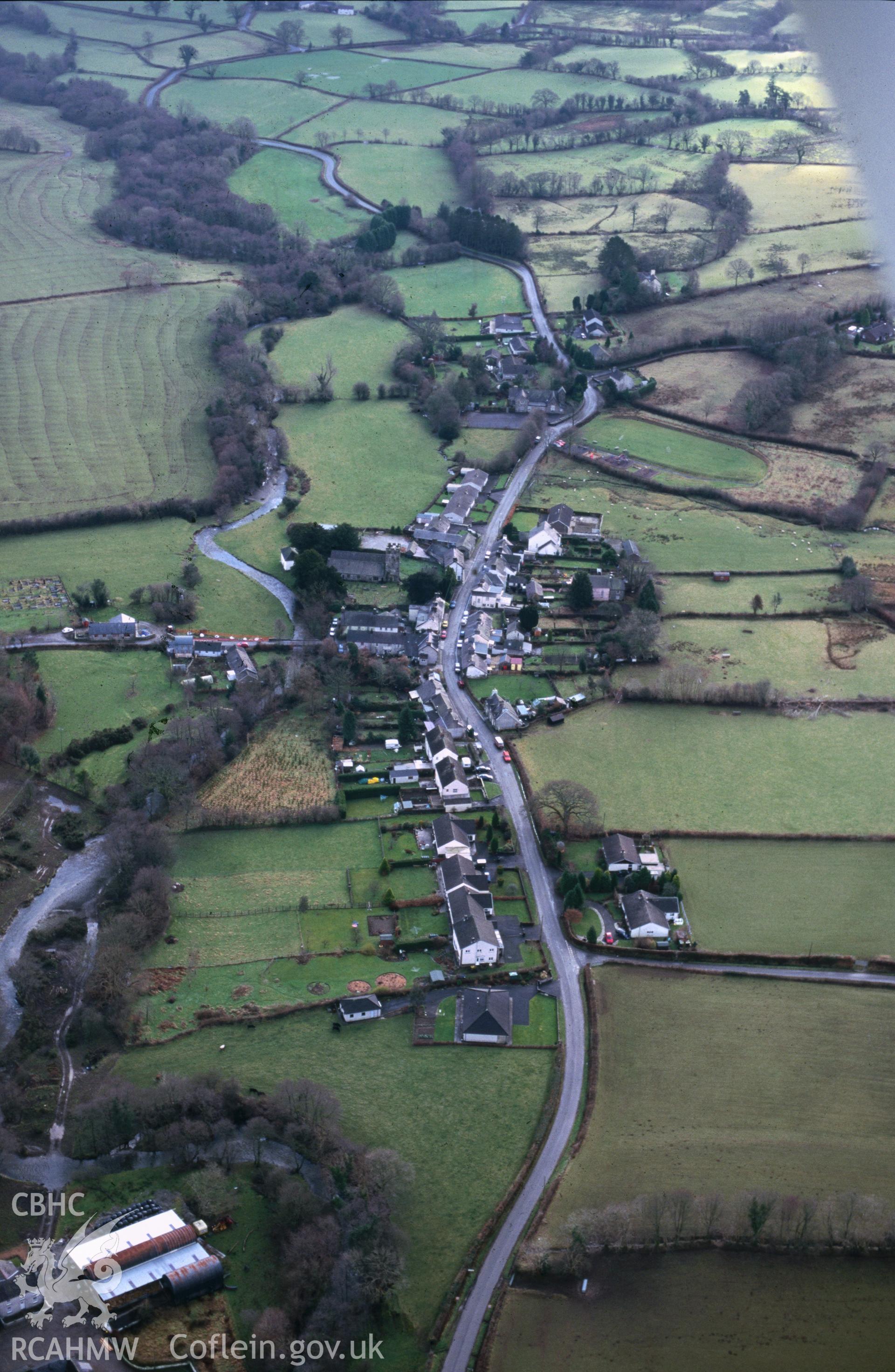 Slide of RCAHMW colour oblique aerial photograph of Cilycwm, taken by T.G. Driver, 29/1/2001.